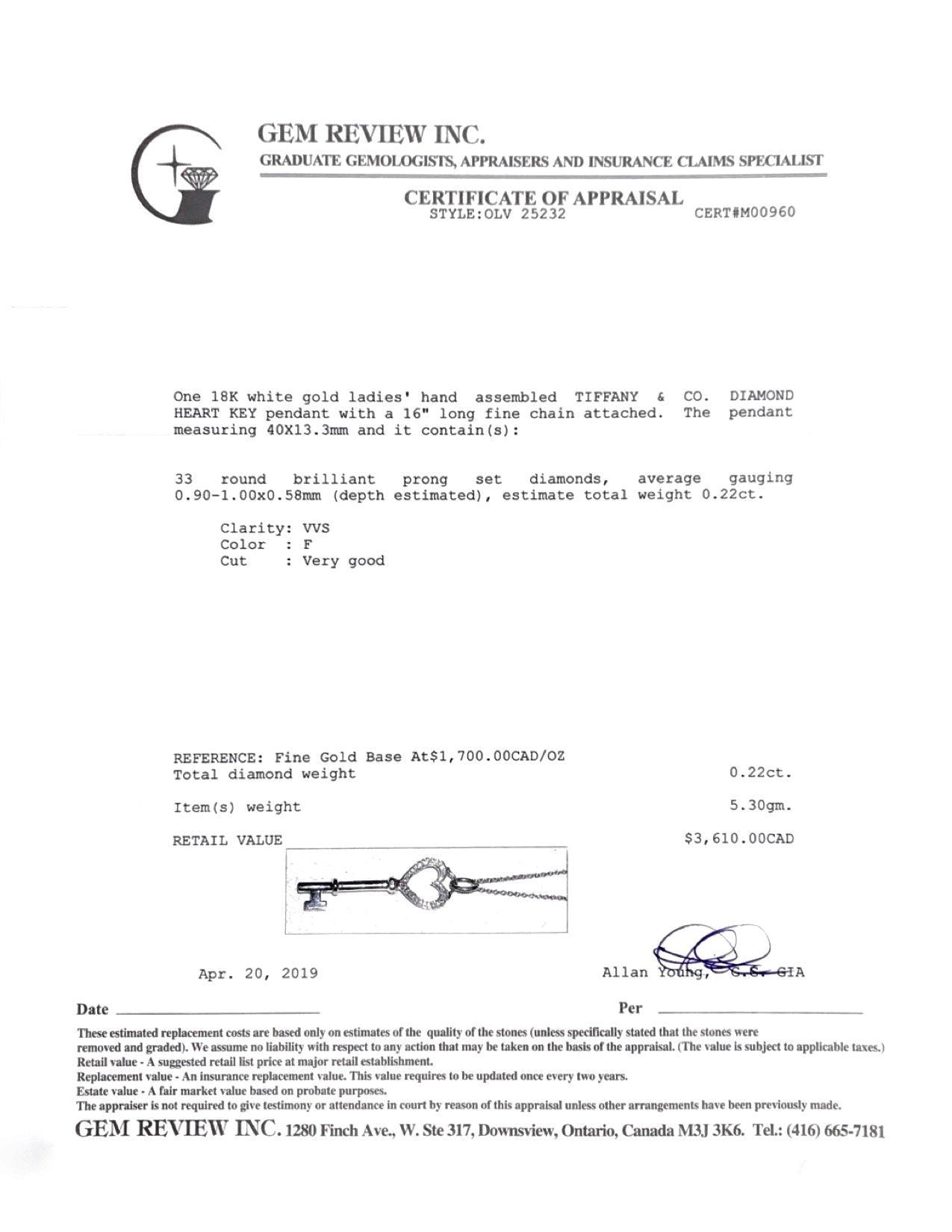 Tiffany & Co. 18k White Gold & Diamond Heart Key Pendant Necklace