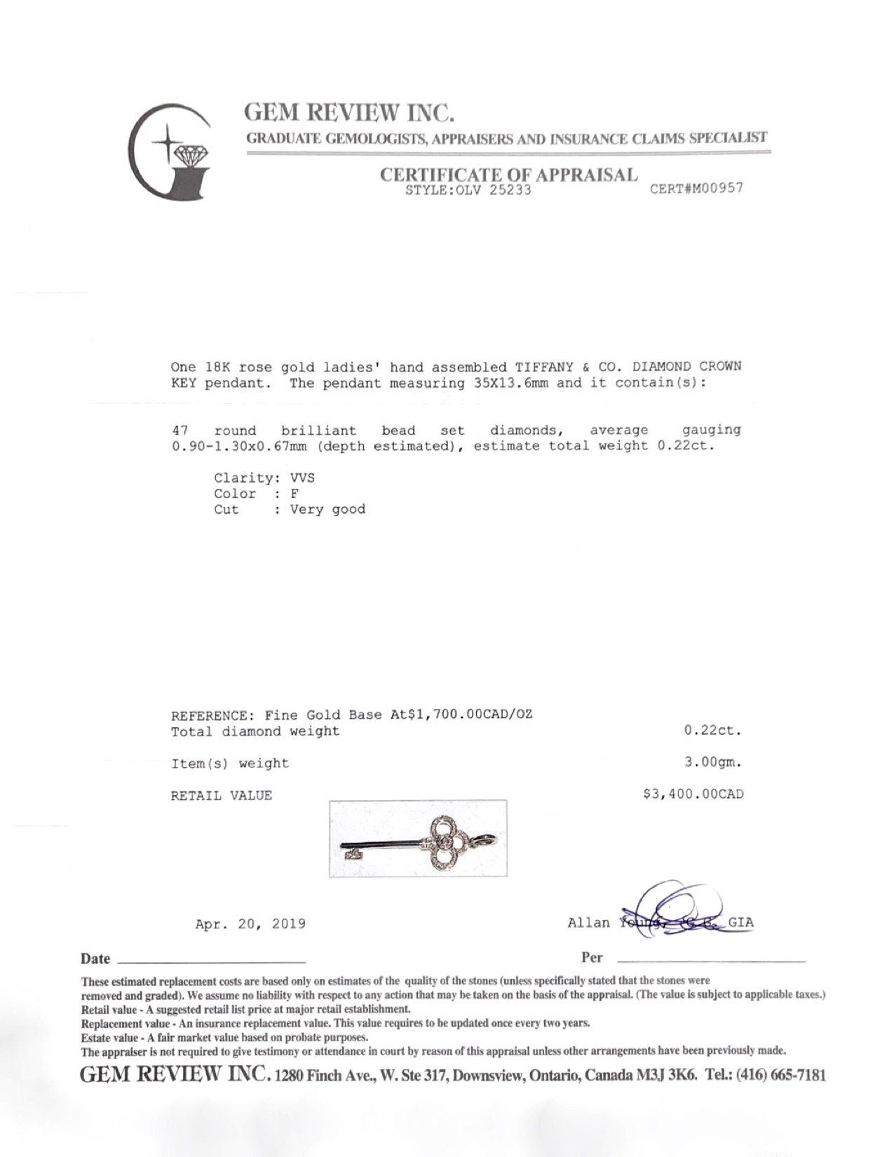 Tiffany & Co. 18k Rose Gold & Diamond Crown Key Pendant