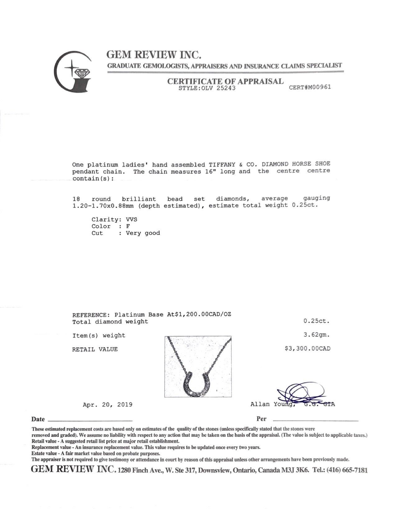 Tiffany & Co. Platinum Diamond Horseshoe Pendant Necklace