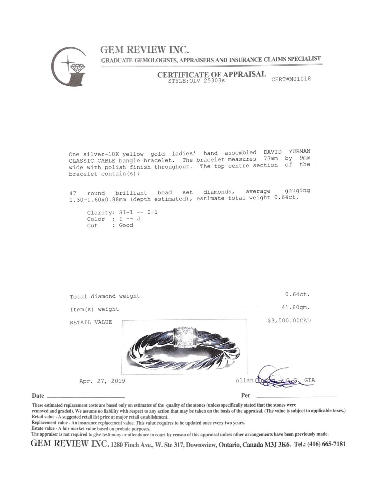 David Yurman Two-Tone 9 mm Cable Bracelet with Diamonds