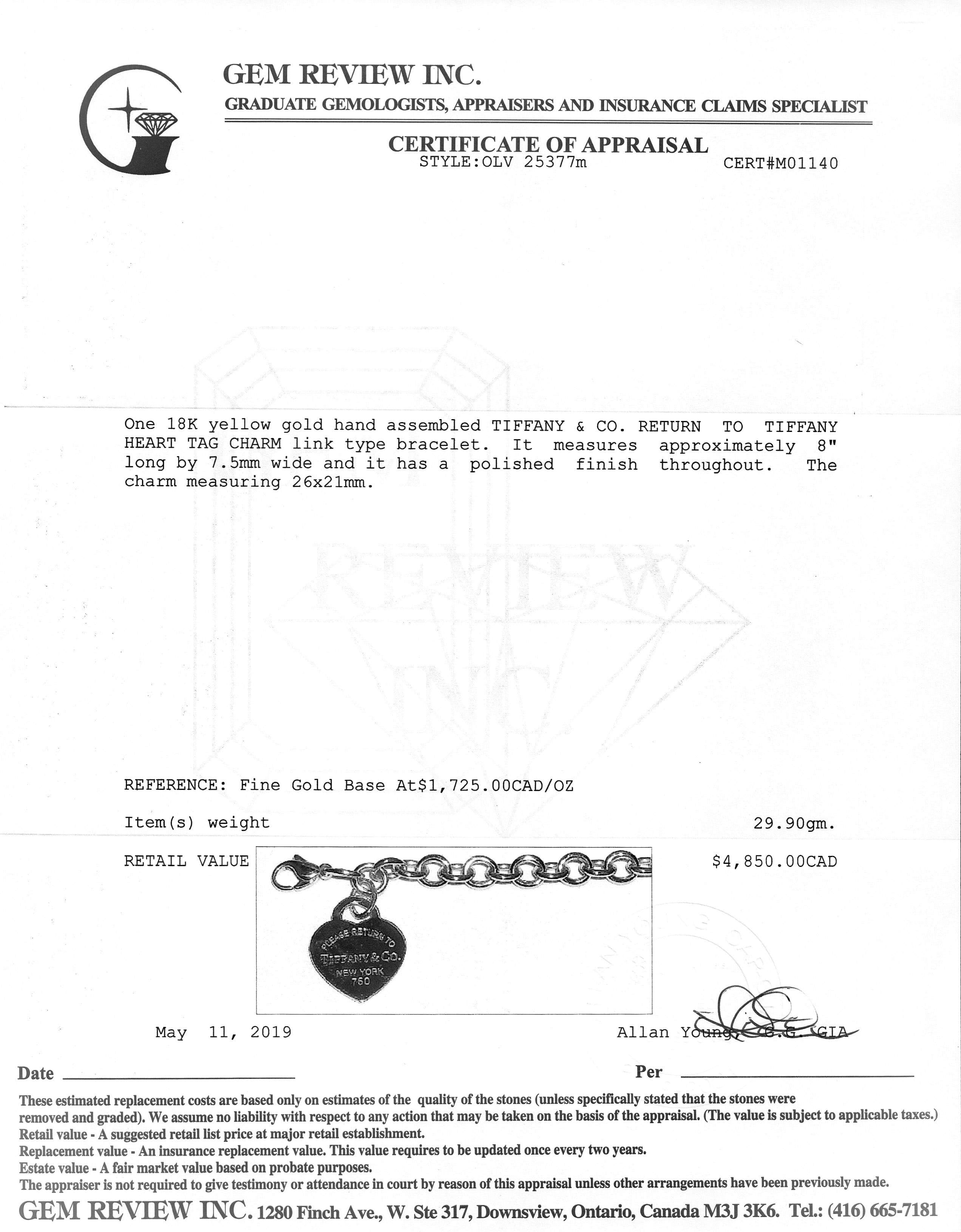 Tiffany & Co. 18k Gold Return to Tiffany Heart Tag Charm Bracelet