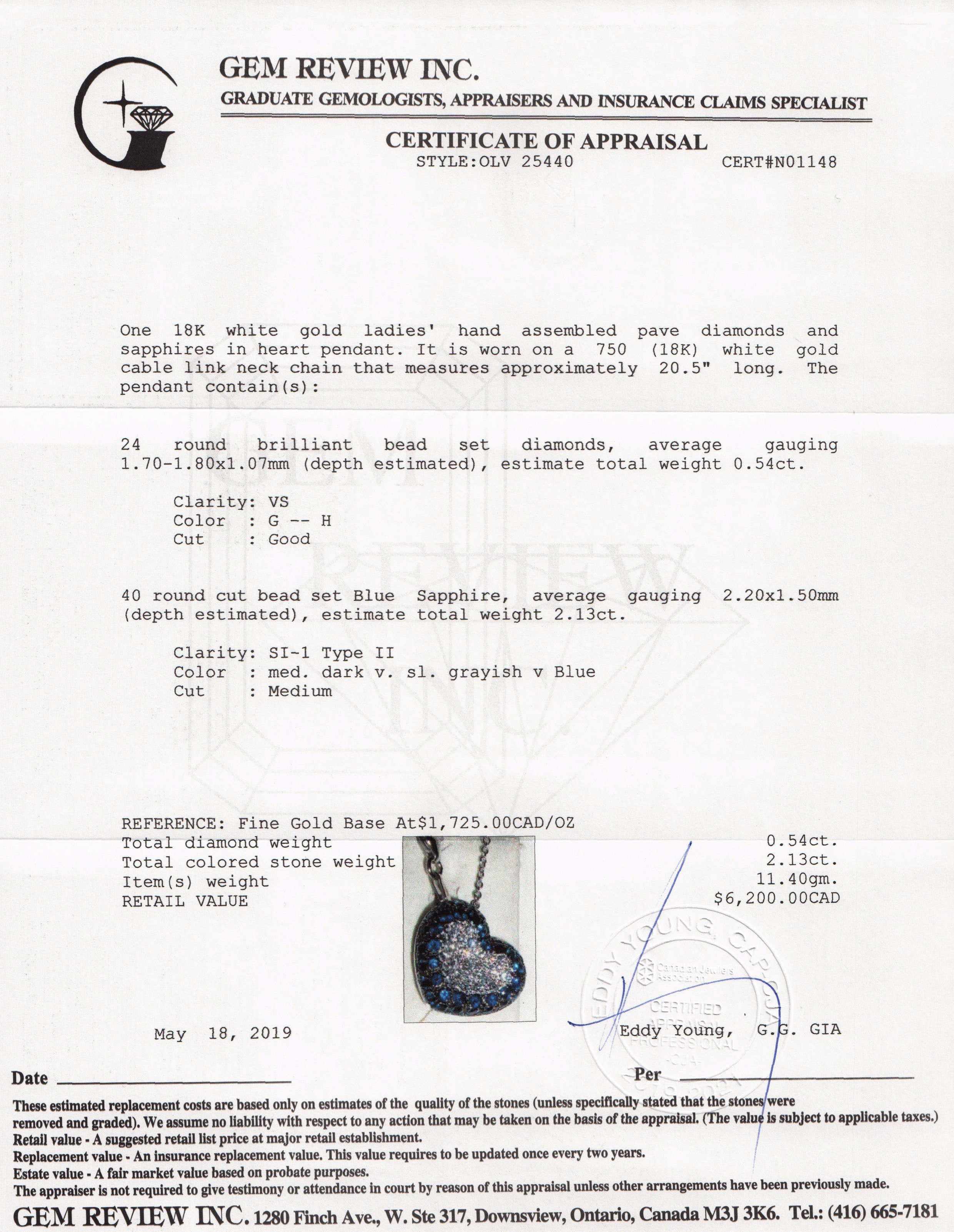 Blue Sapphire and Diamond Heart Pendant Necklace