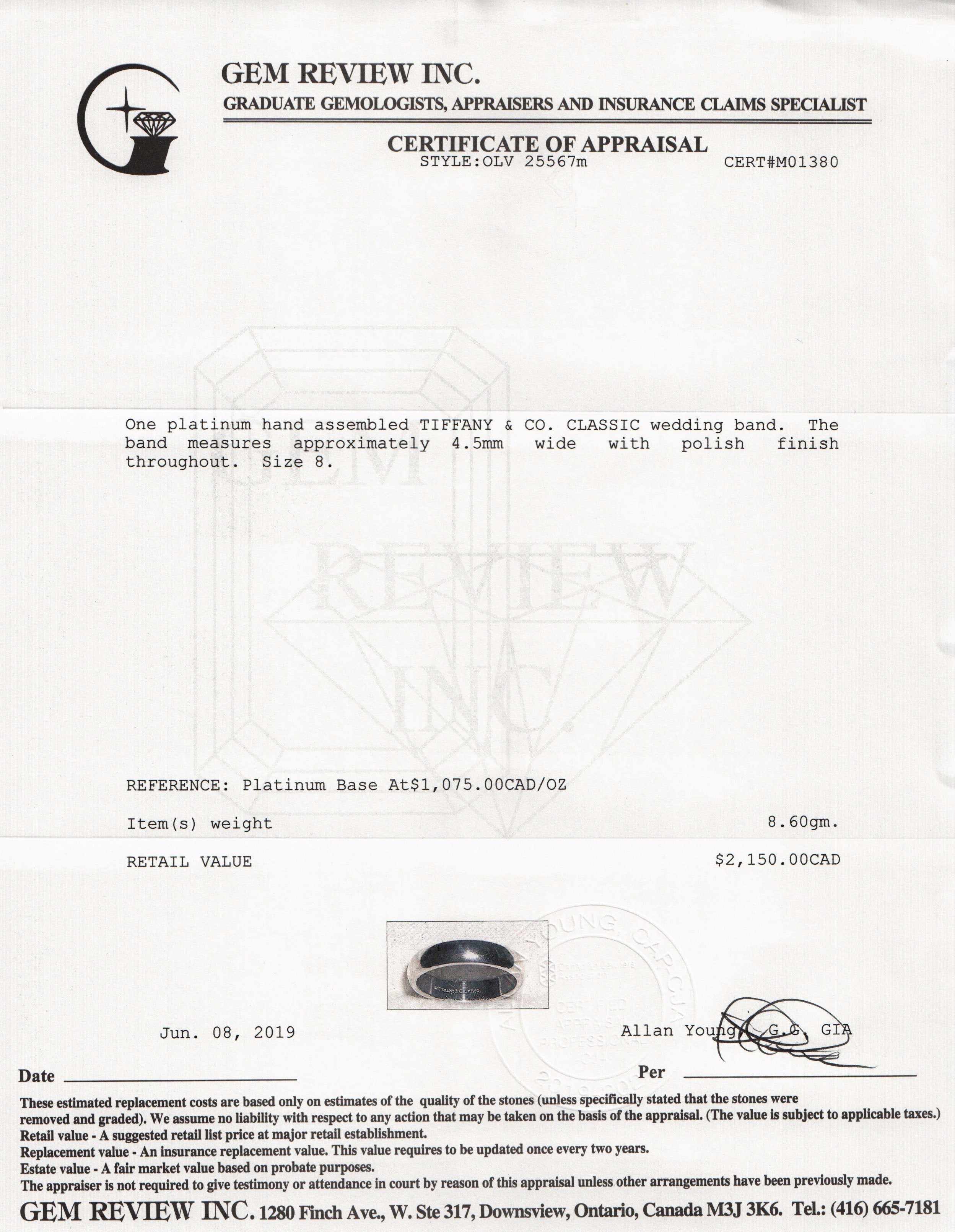 Tiffany & Co. Classic Platinum Wedding Band Ring