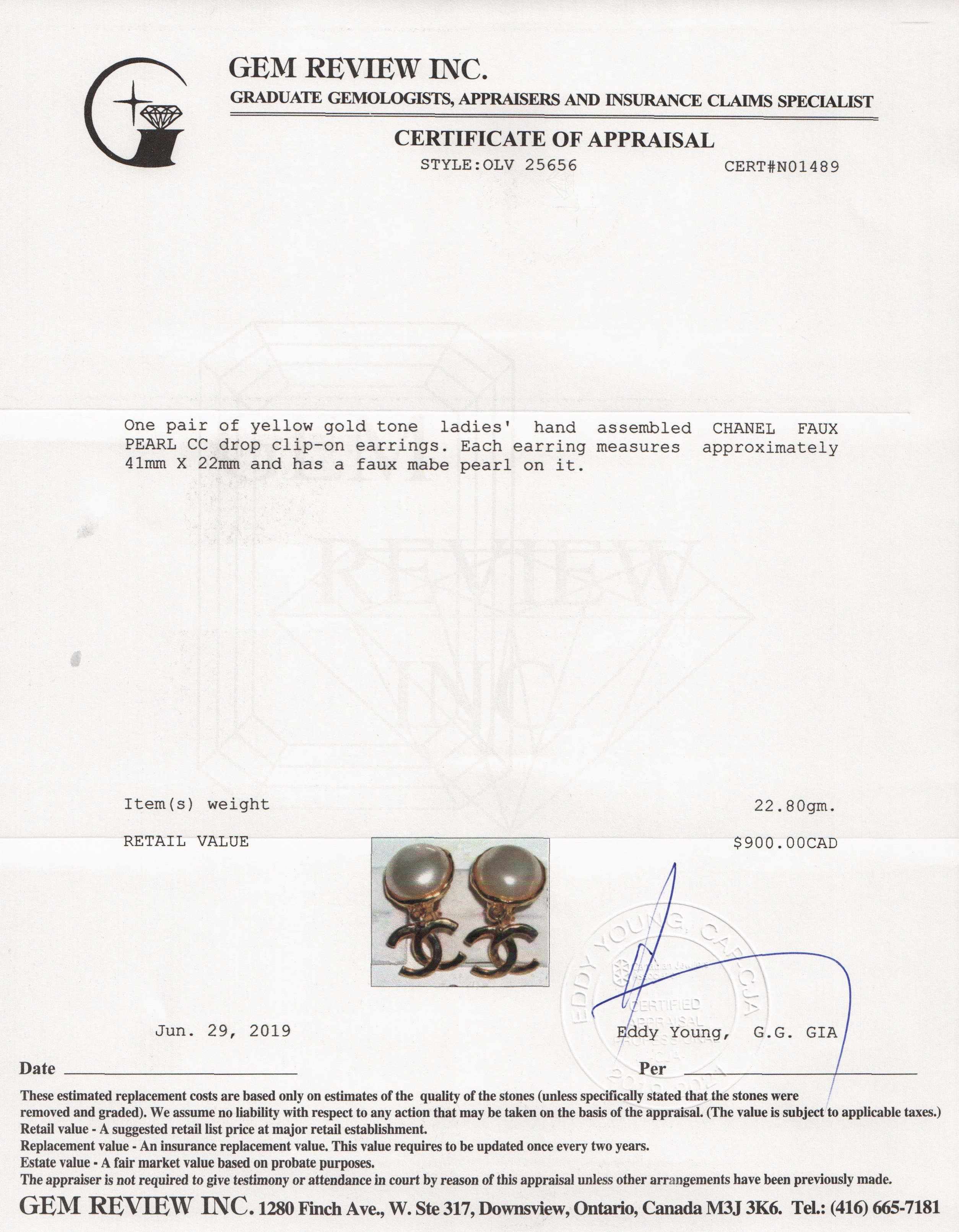 Chanel Vintage Faux Pearl CC Drop Clip-On Earrings