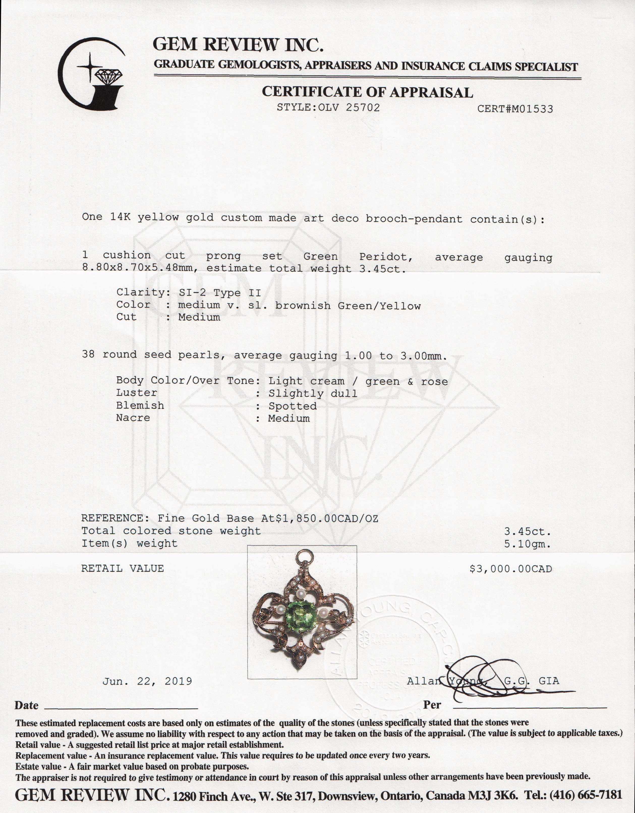 Antique Art Deco Peridot & Seed Pearl Brooch/Pendant