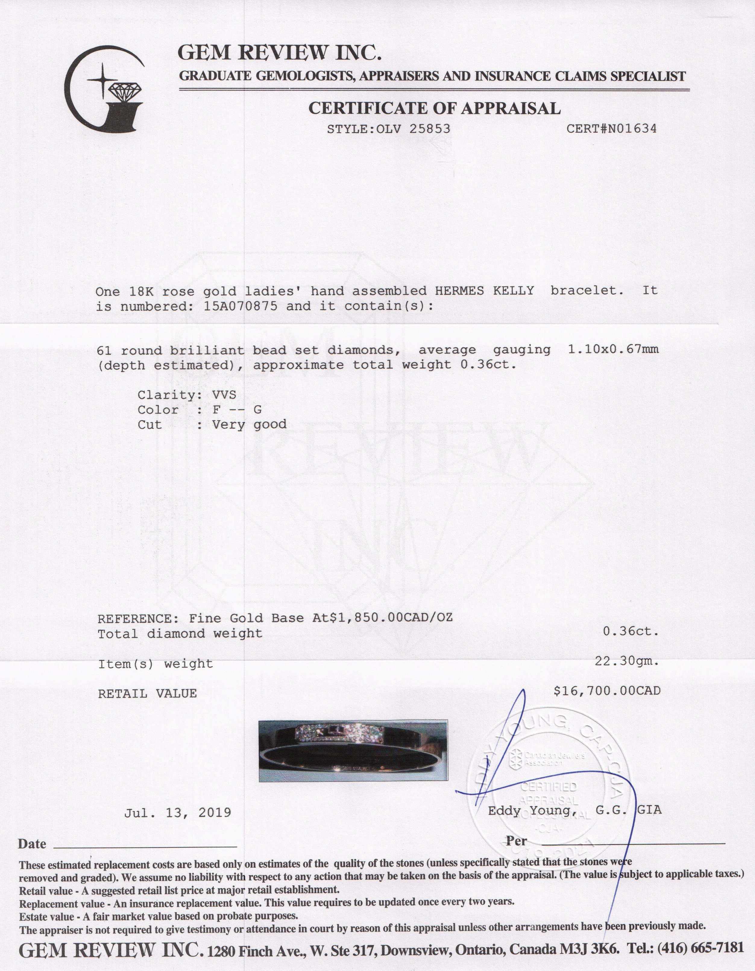 Hermes Rose Gold & Diamond Kelly Bracelet, Small Model