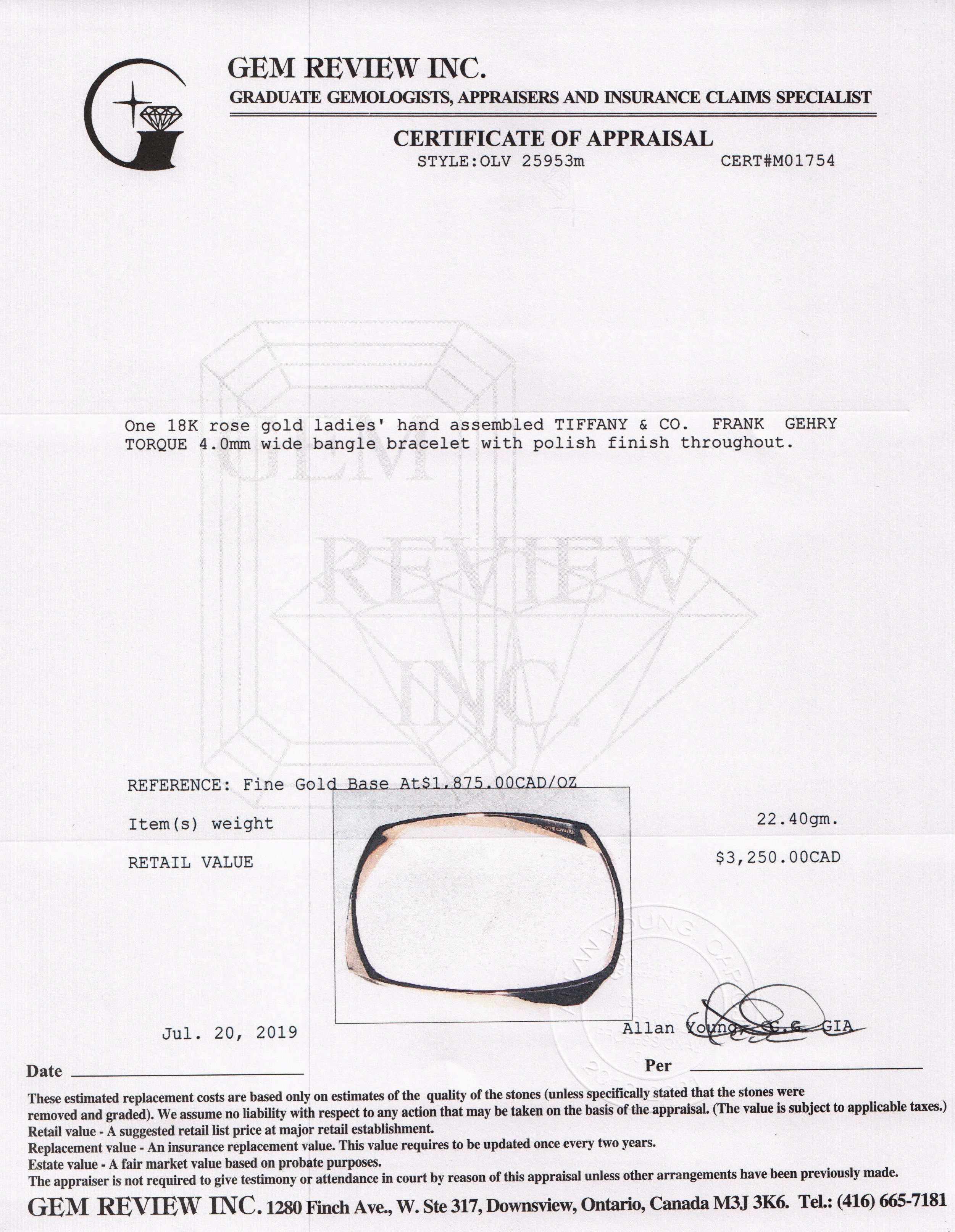 Tiffany & Co. Frank Gehry 18k Rose Gold Torque Bangle Bracelet