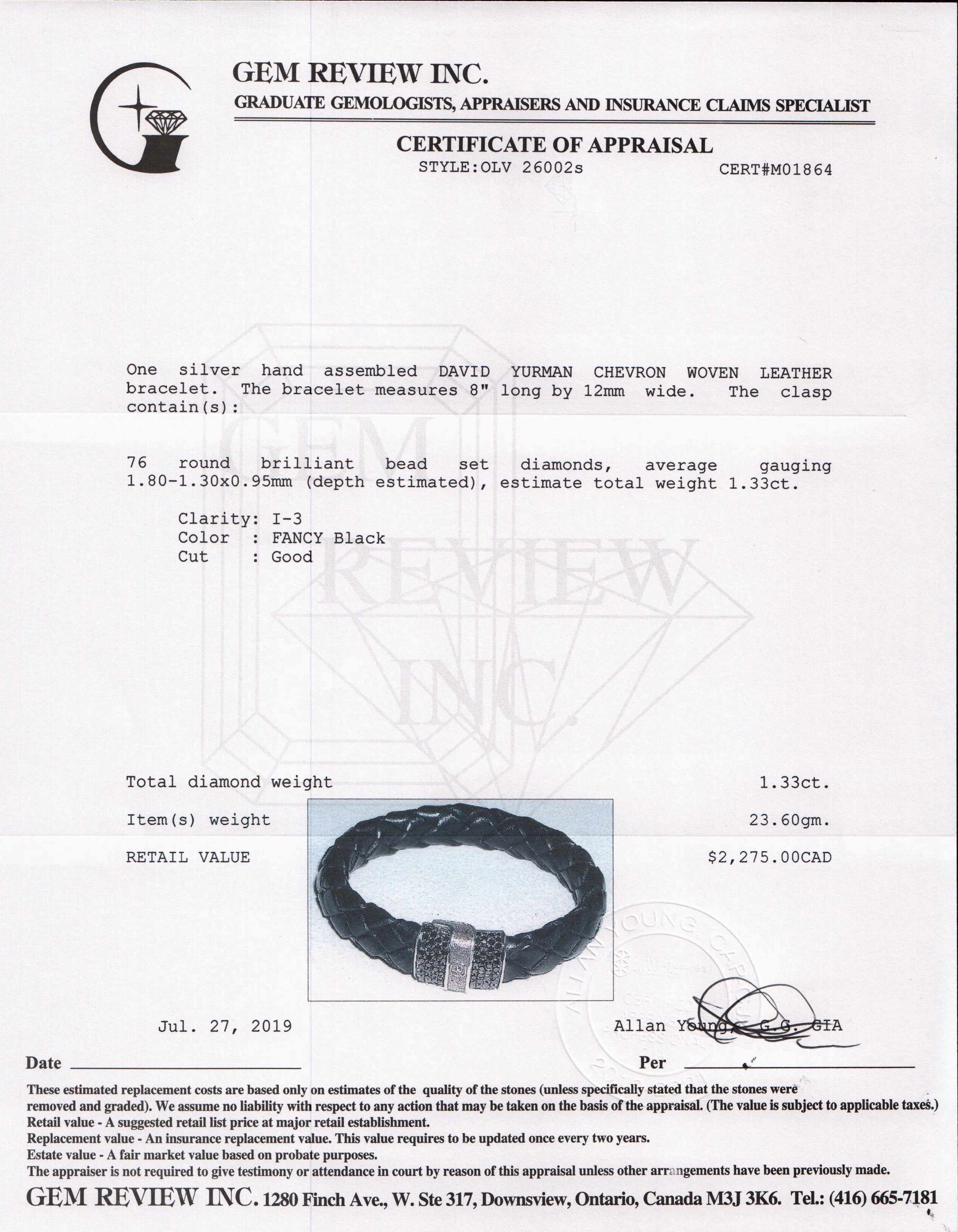 David Yurman Chevron Woven Leather Bracelet with Black Diamonds