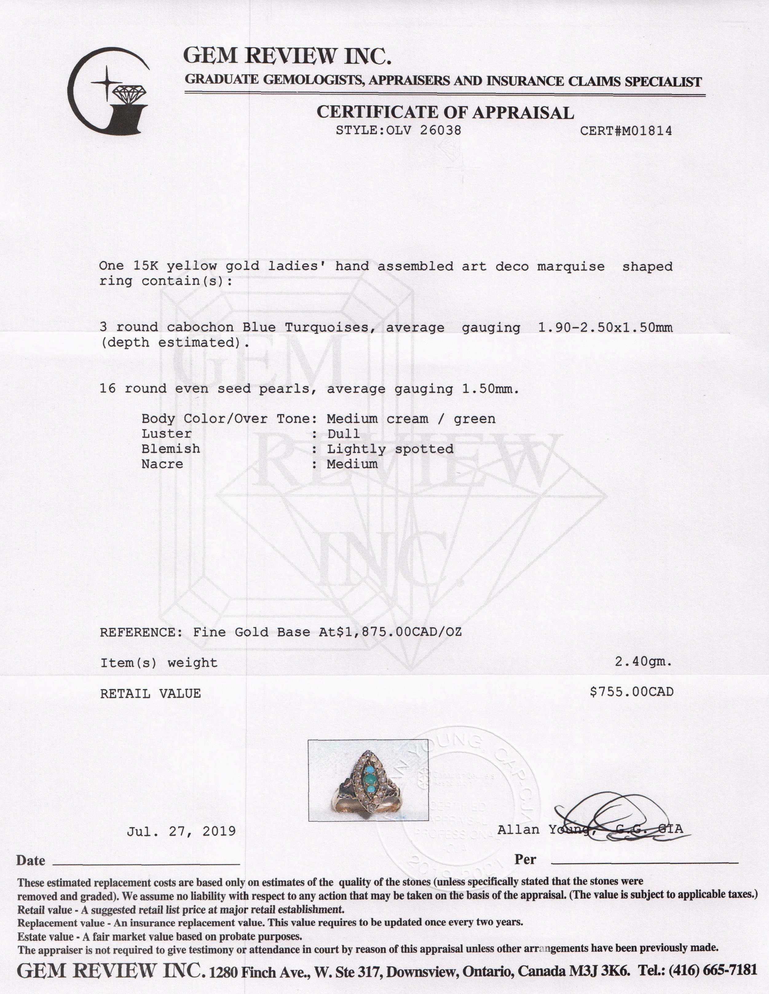 Antique Art Deco Turquoise and Seed Pearl Ring