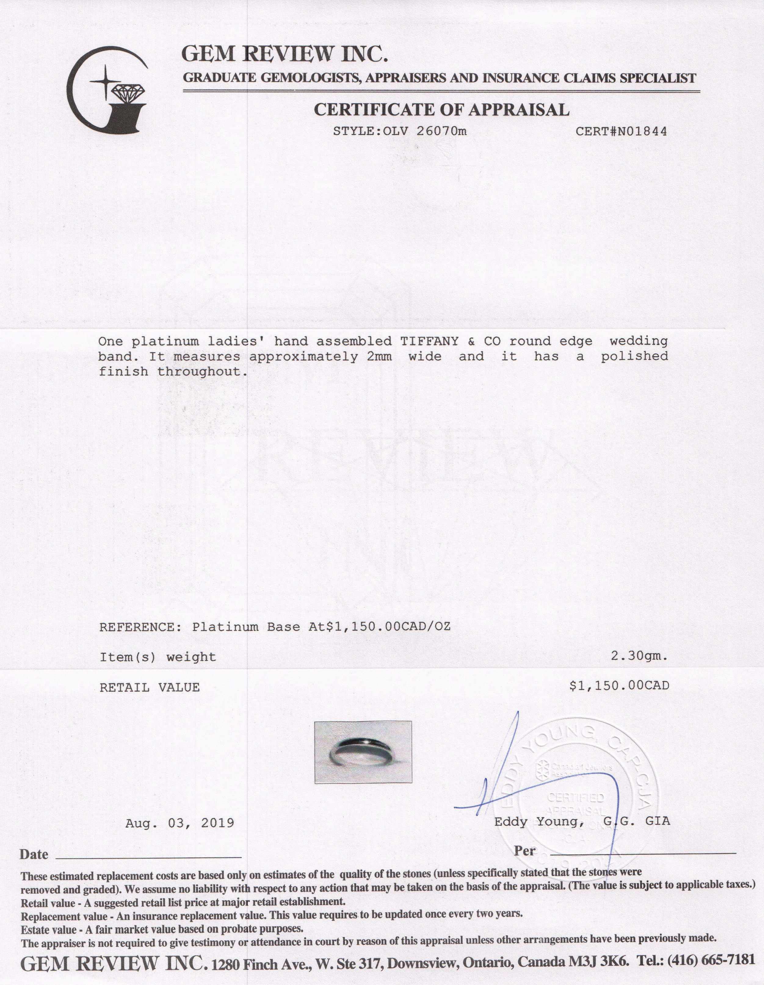 Tiffany & Co. Classic Platinum Wedding Band Ring