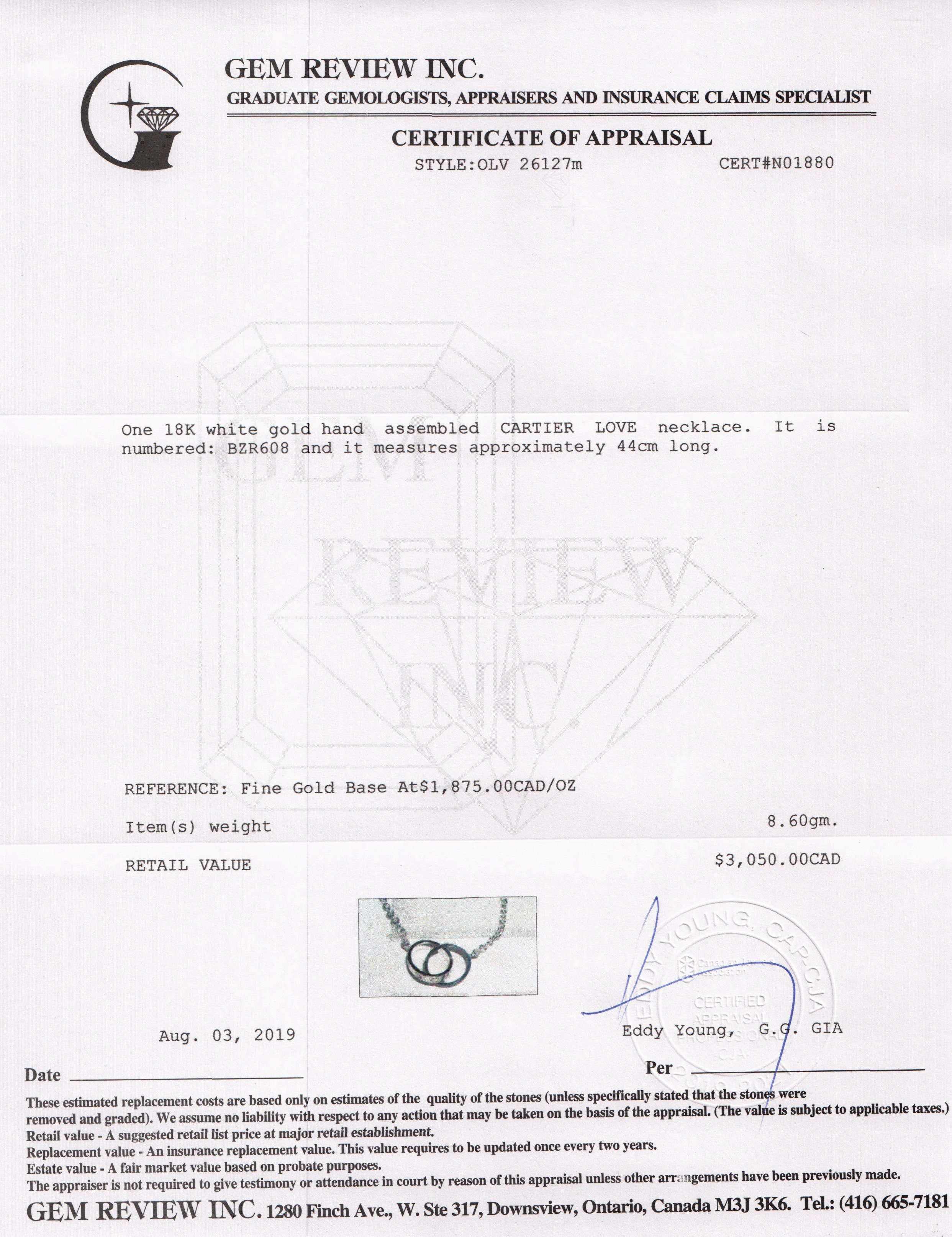 Cartier 18k White Gold Love Necklace