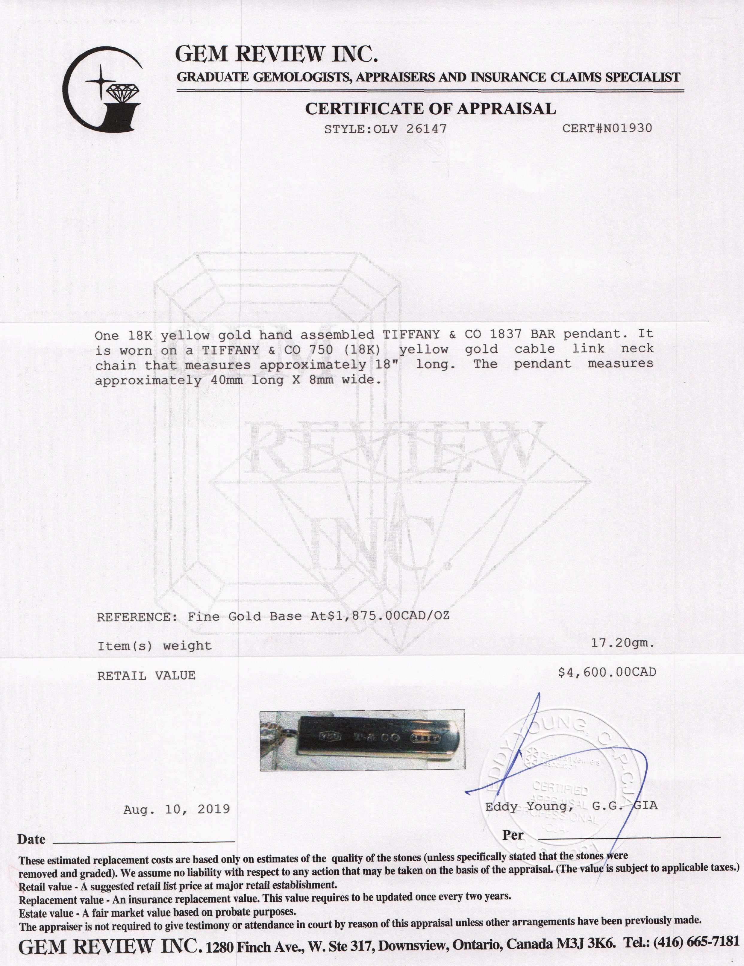 Tiffany & Co. Gold 1837 Bar Pendant Necklace