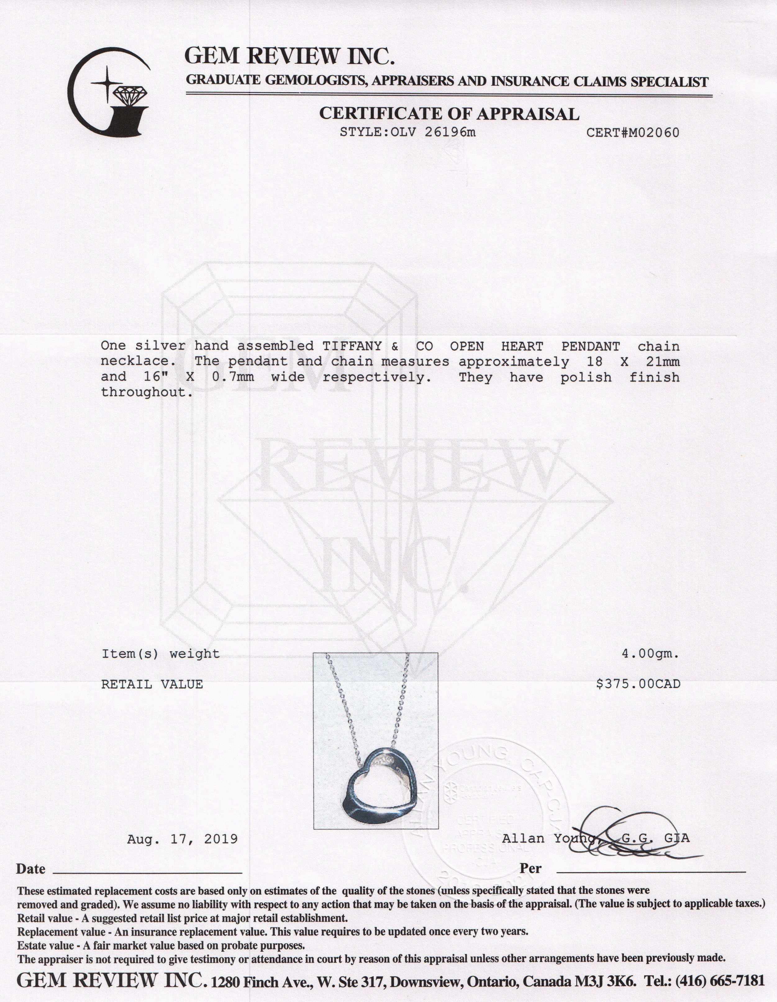 Tiffany & Co. Open Heart Pendant Necklace