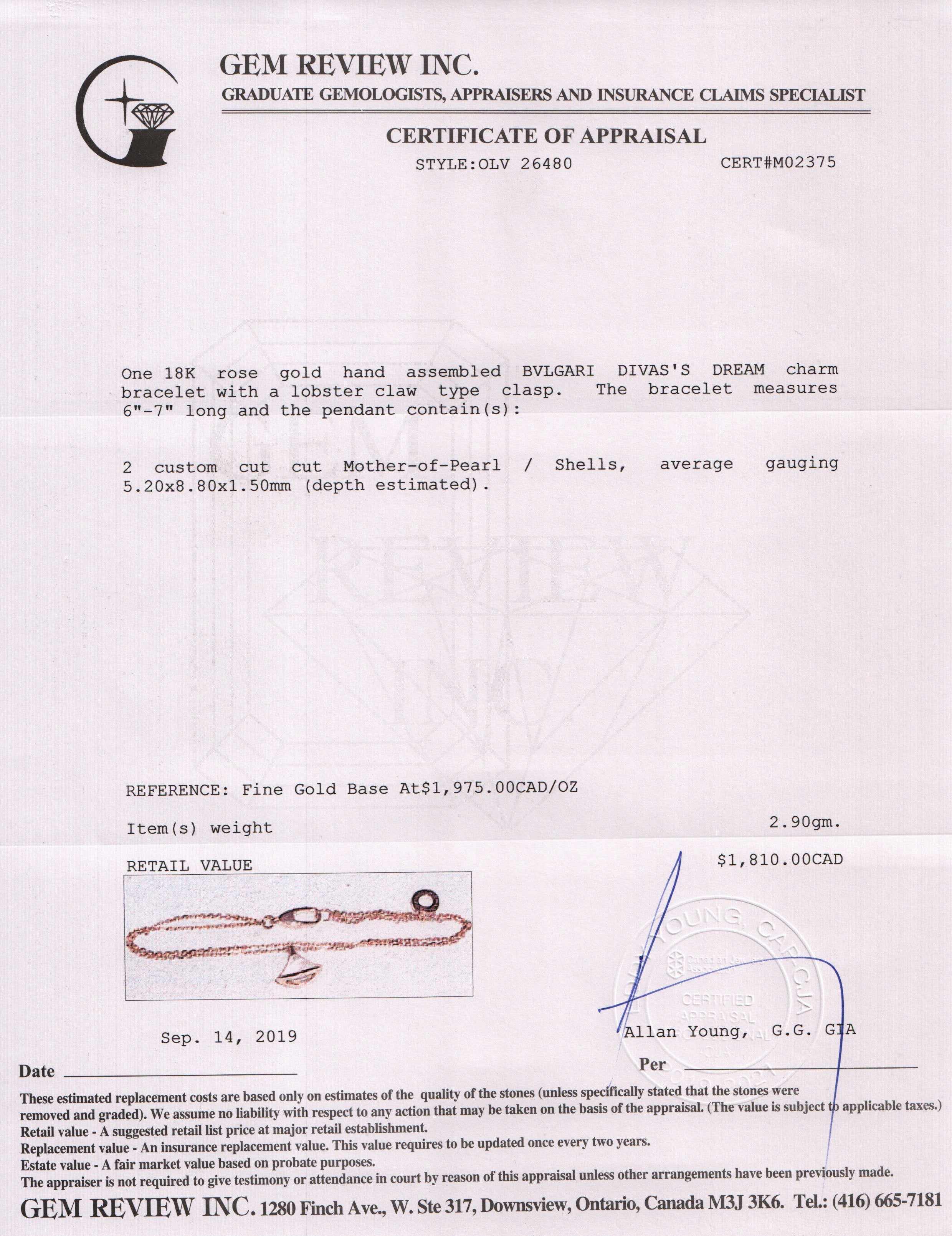 BVLGARI 18k Rose Gold Mother of Pearl Diva's Dream Charm Bracelet