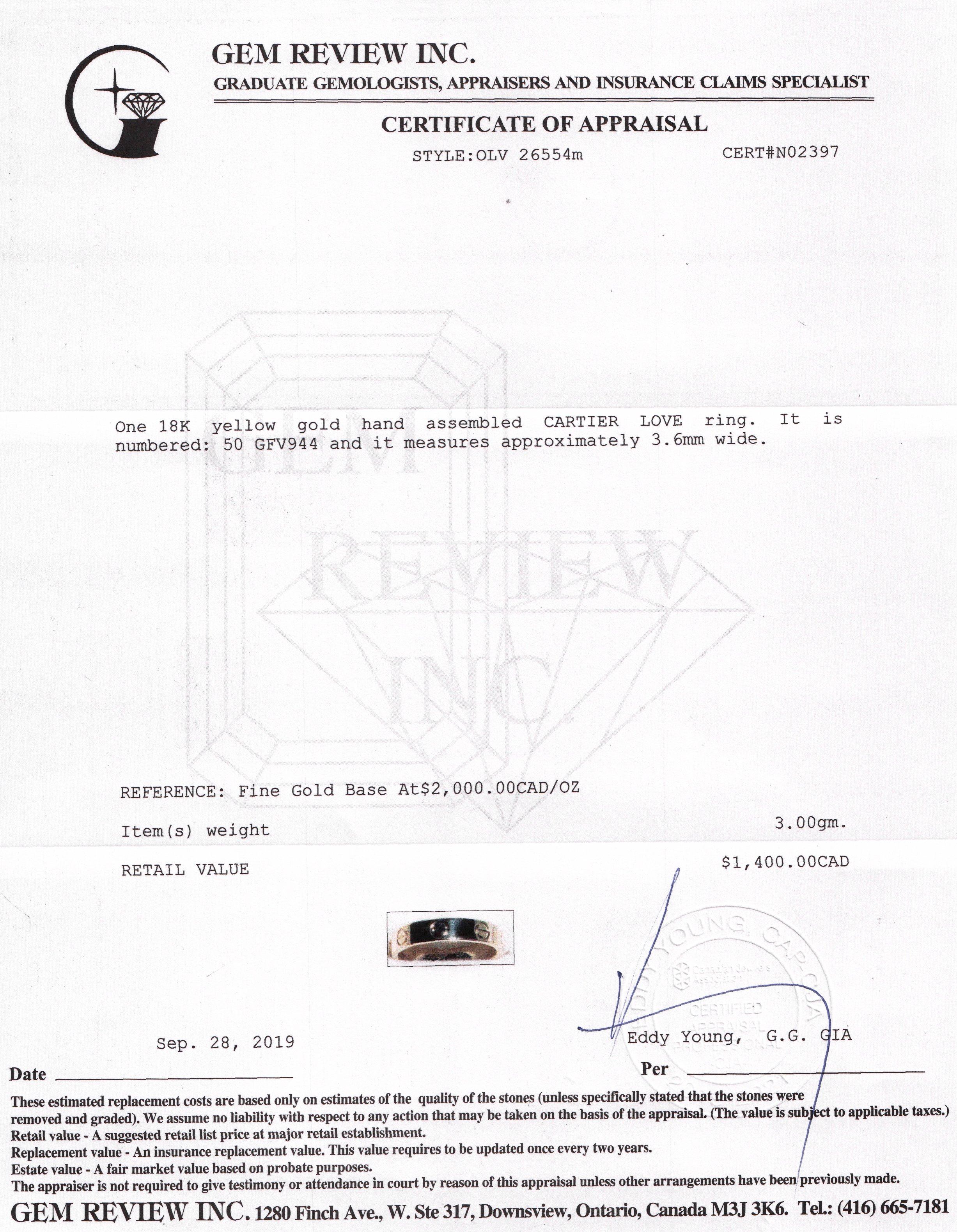 Cartier 18k Yellow Gold Love Wedding Band Ring