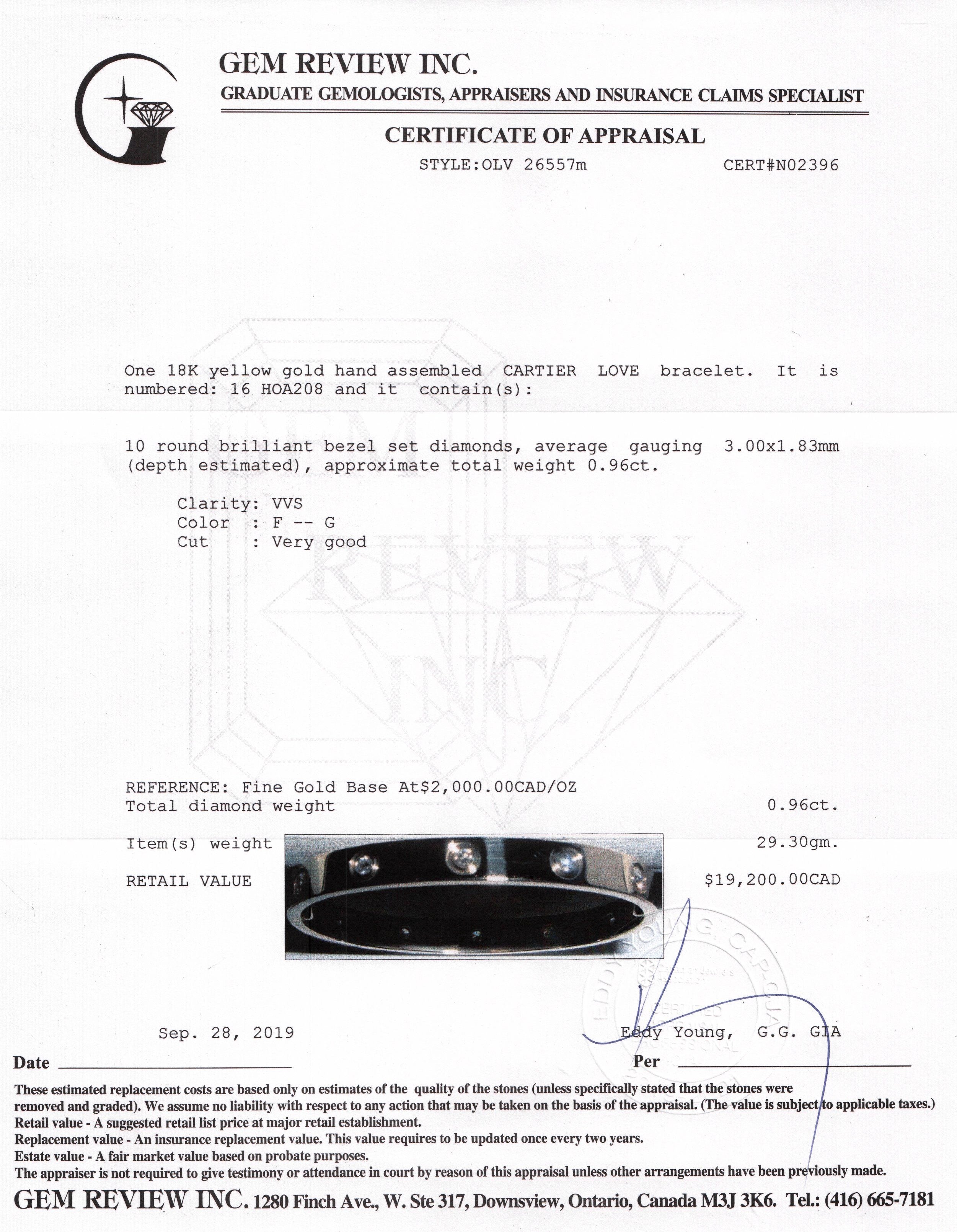 Cartier 18k Yellow Gold Love Bracelet with 10 Diamonds