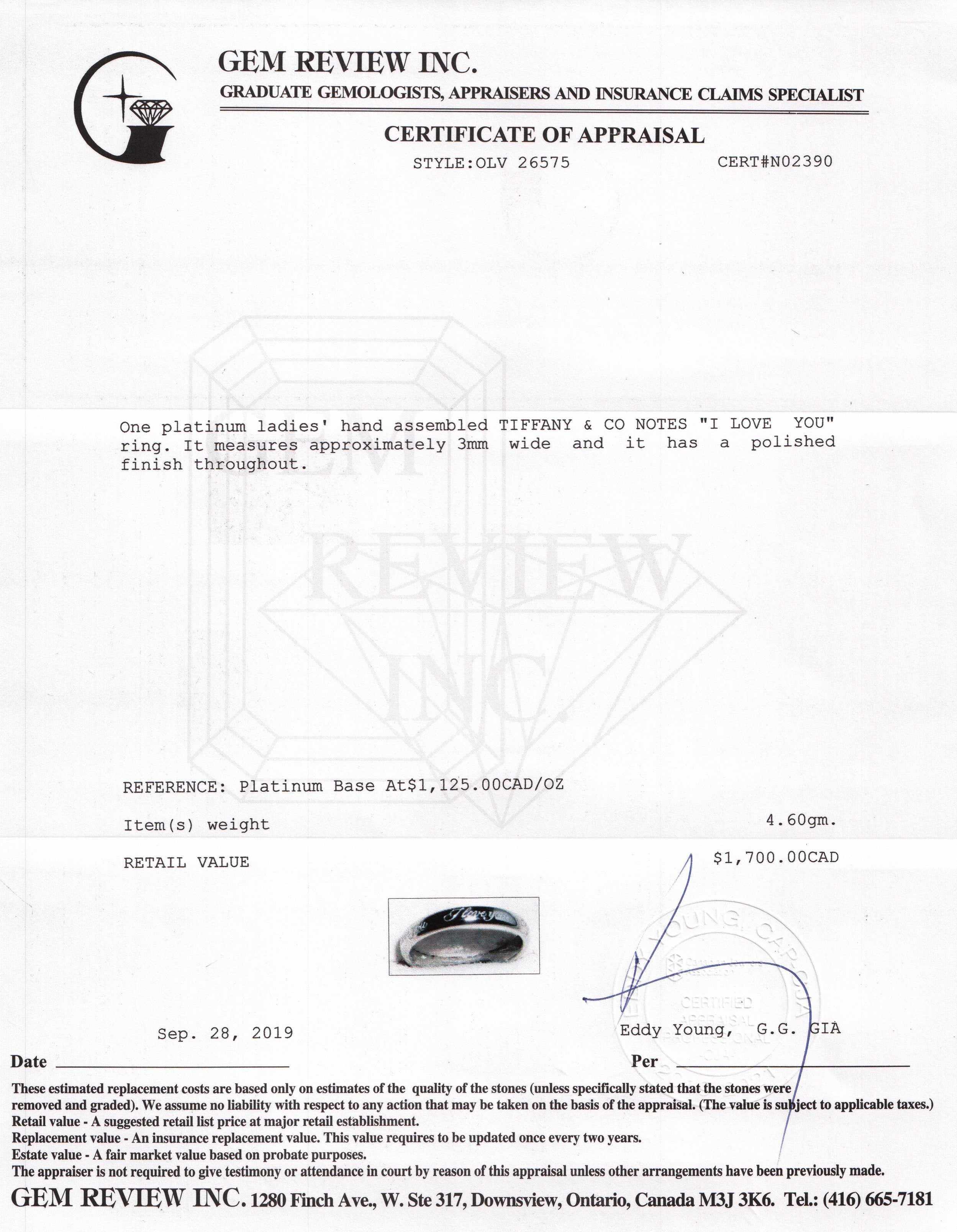 Tiffany & Co. Platinum Notes "I Love You" Ring