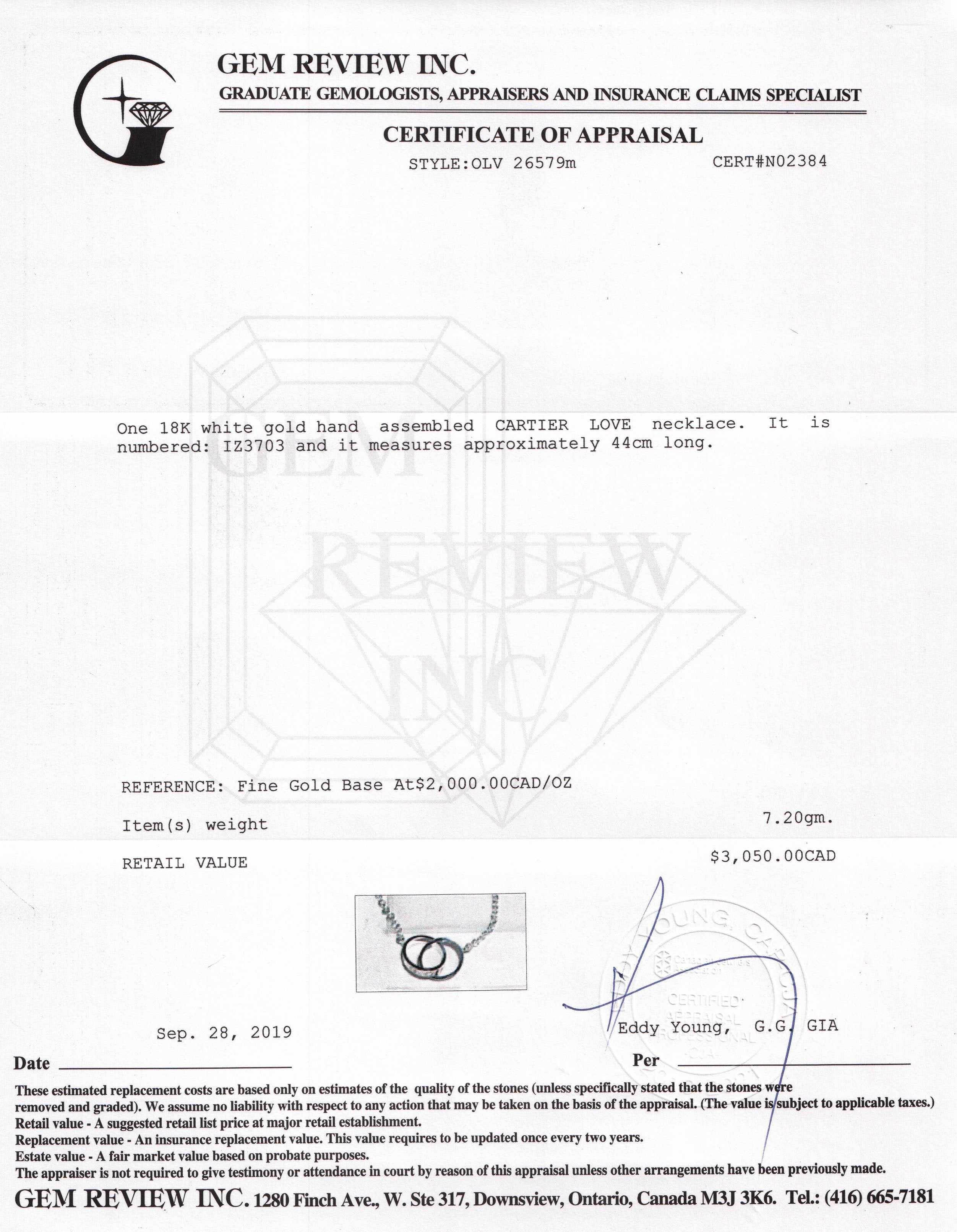 Cartier 18k White Gold Love Necklace