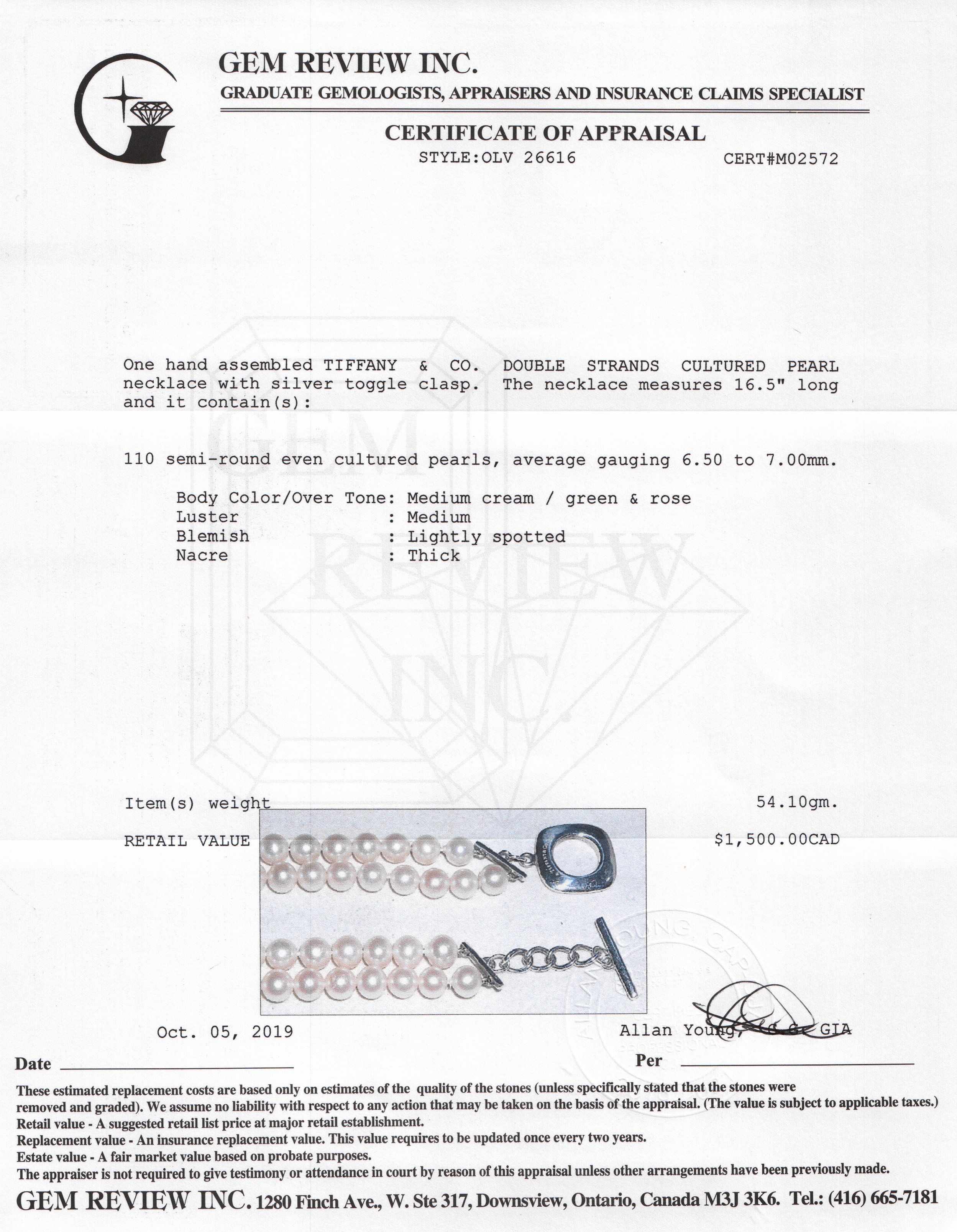 Tiffany & Co. Double Strand Pearl Toggle Necklace