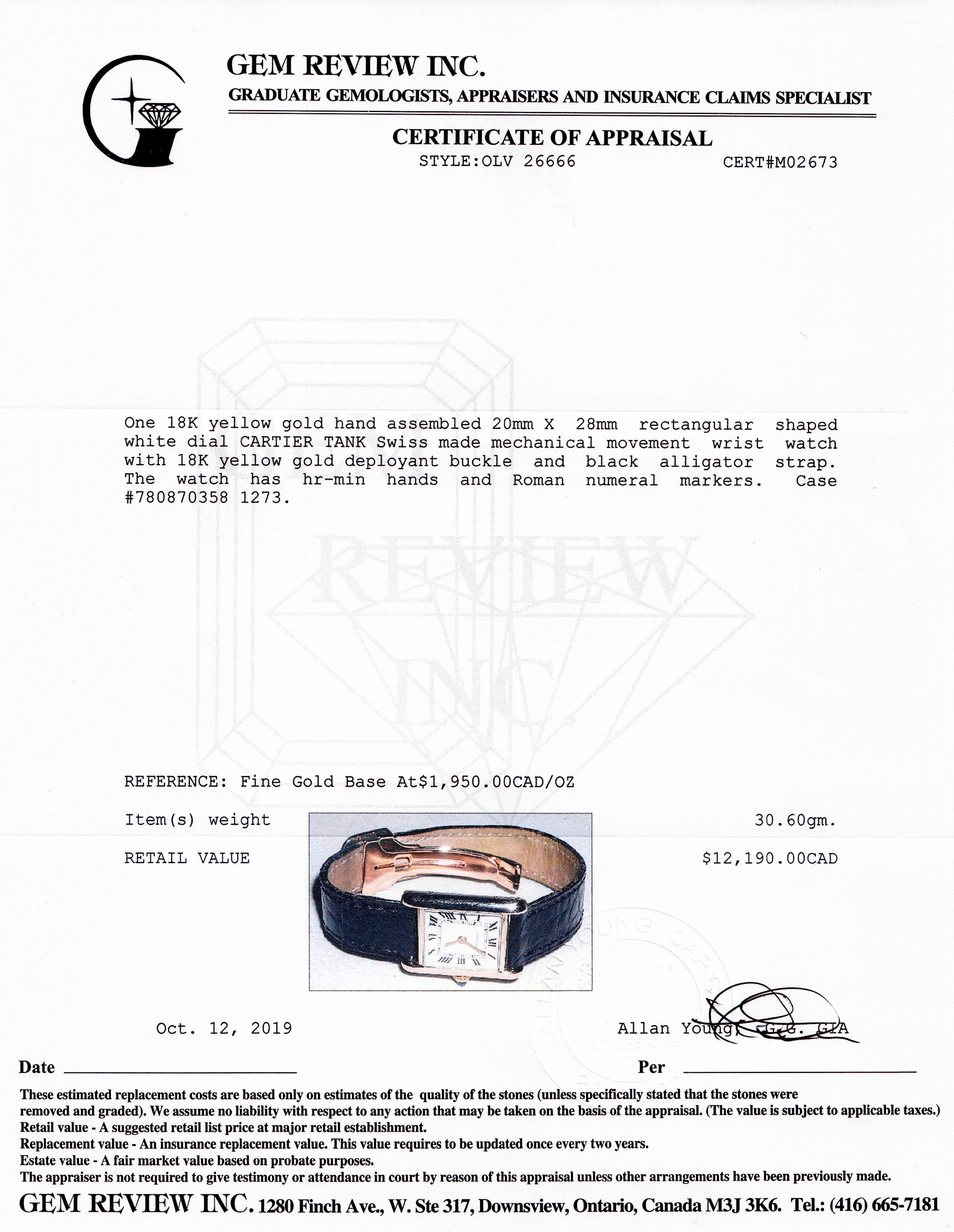 Cartier 18k Yellow Gold Tank Watch