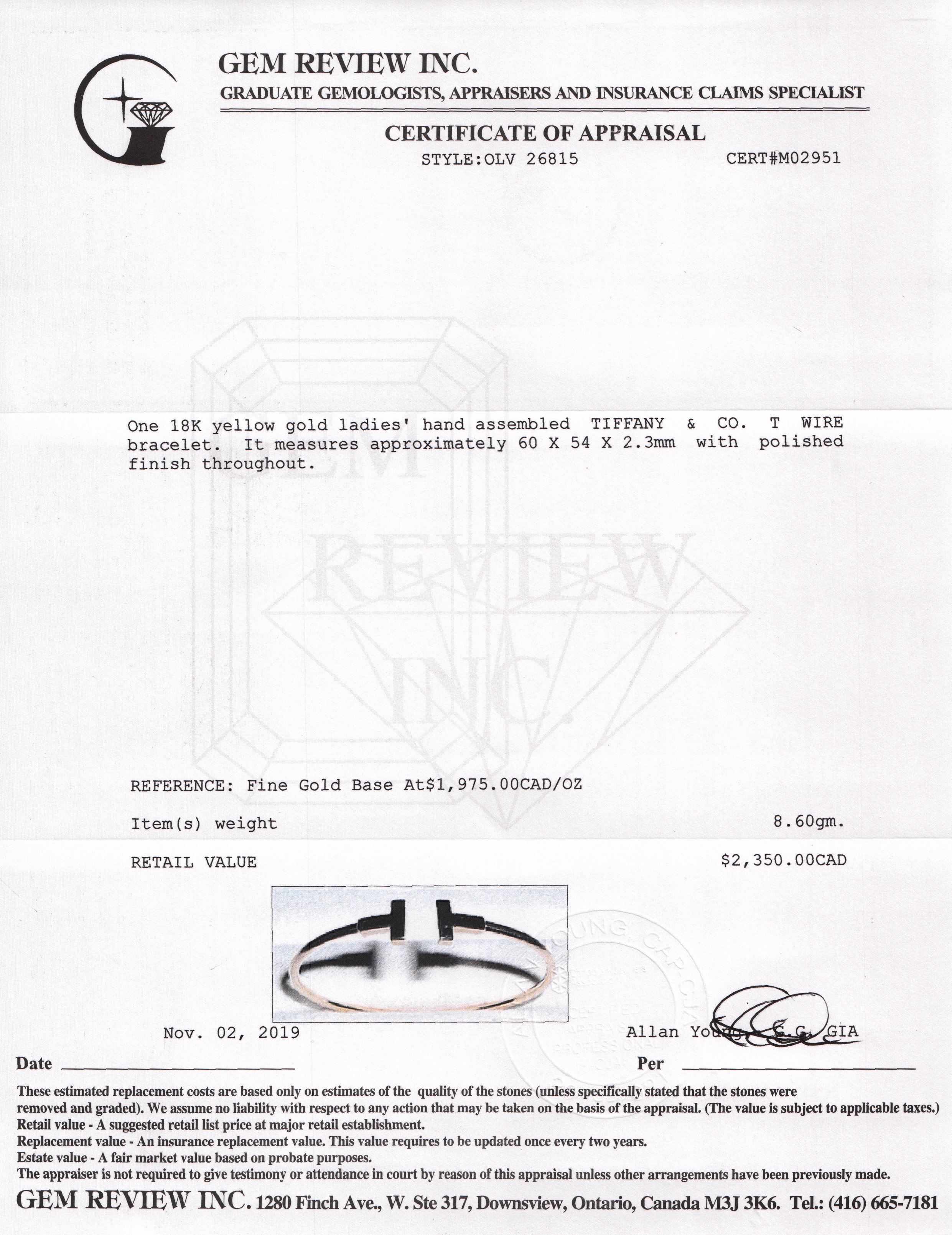 Tiffany & Co. 18k Gold T Wire Bracelet