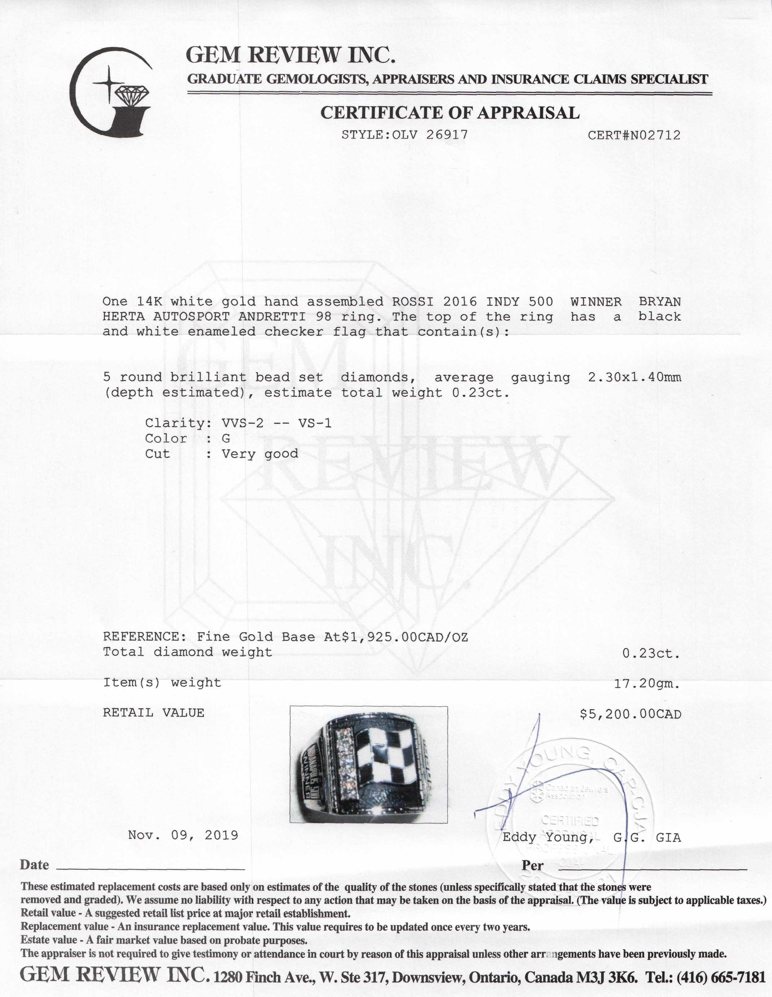 2016 Indy 500 Alexander Rossi Winners Ring