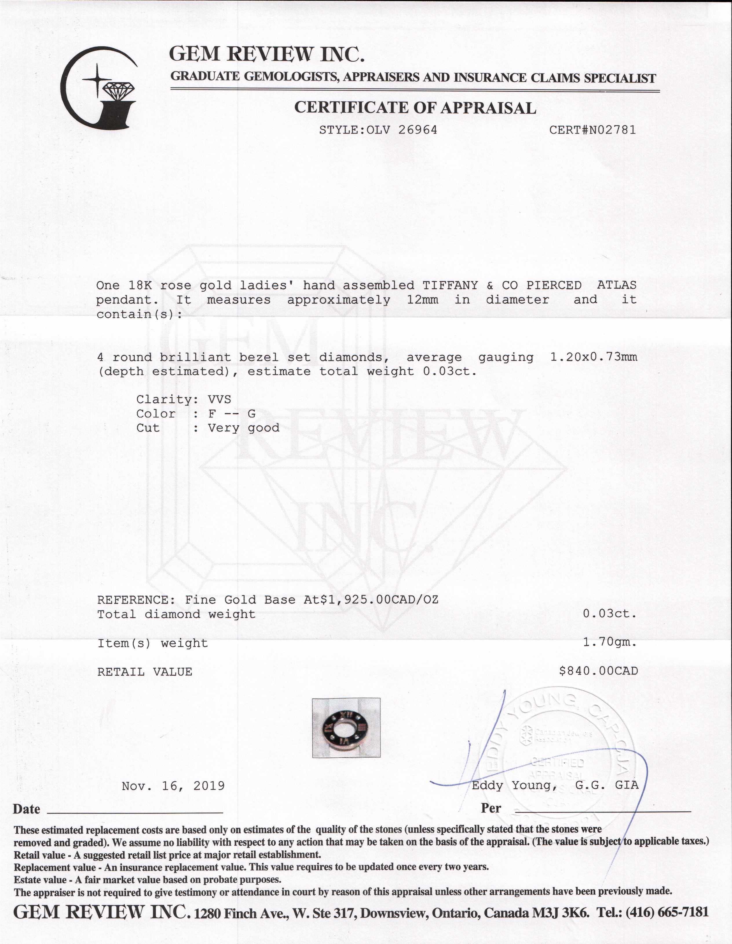 Tiffany & Co. 18k Rose Gold Small Pierced Atlas Pendant with Diamonds