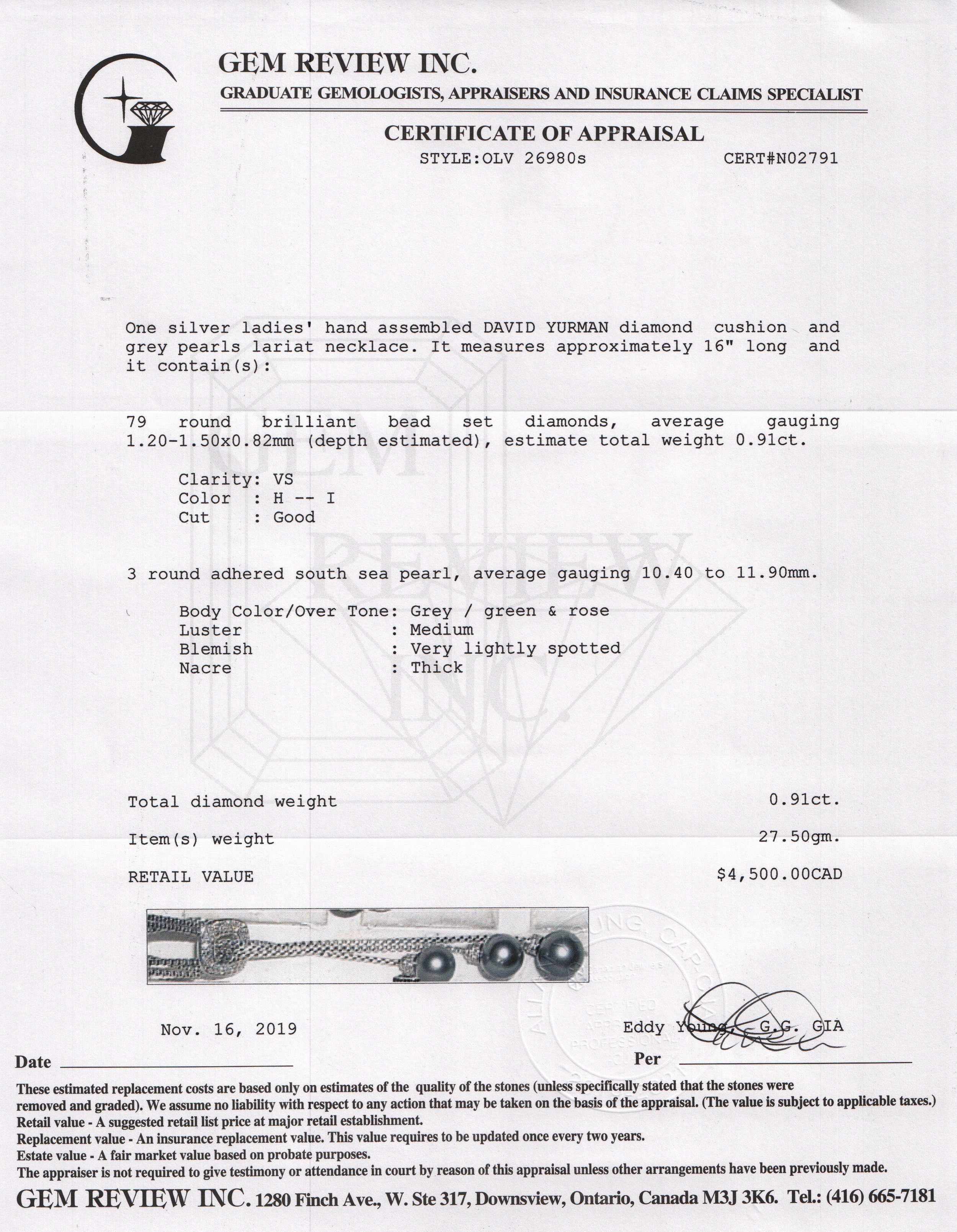 David Yurman Three-Row Diamond & Black Pearl Drop Pendant Necklace