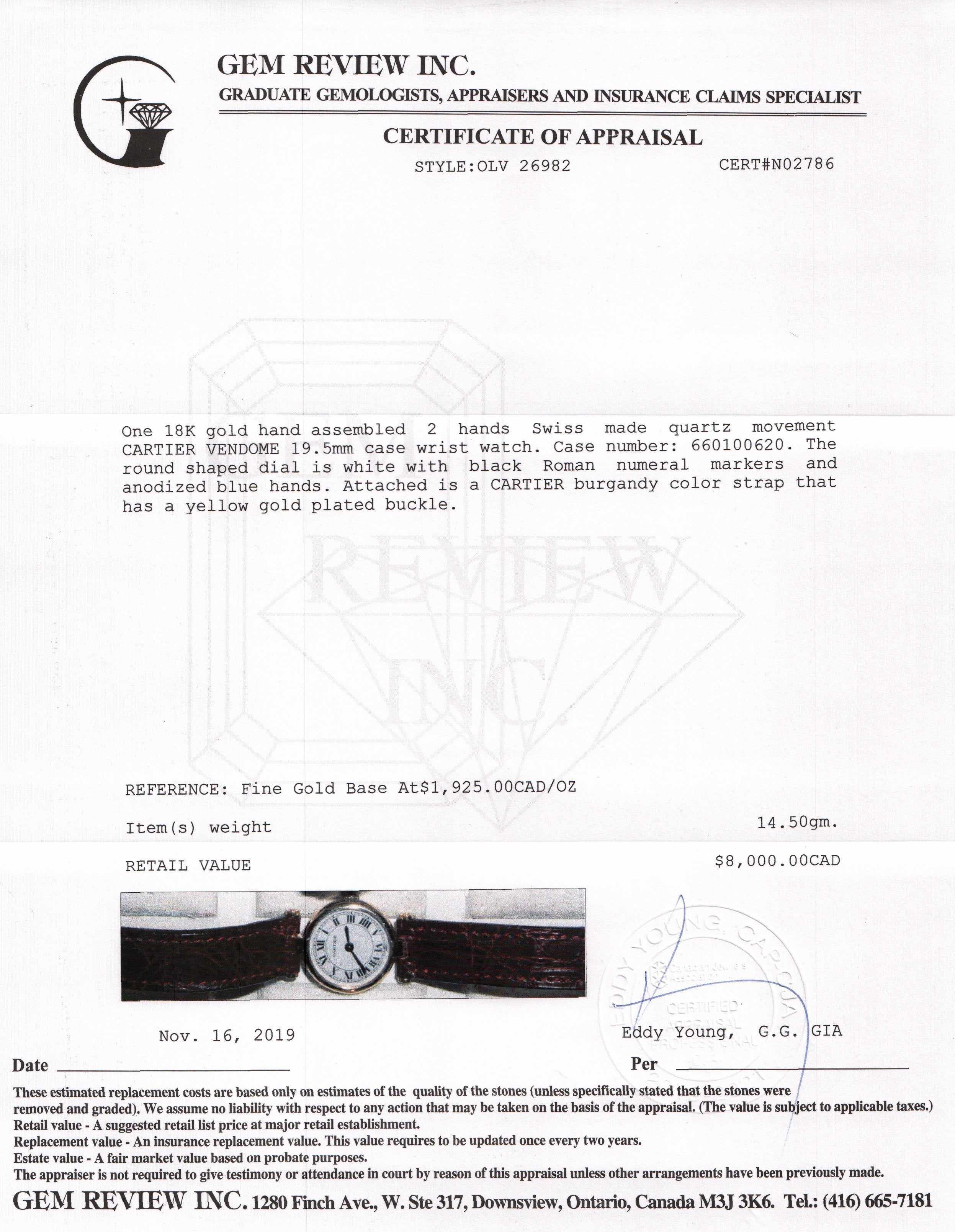 Cartier 18k Yellow Gold Vendome Watch