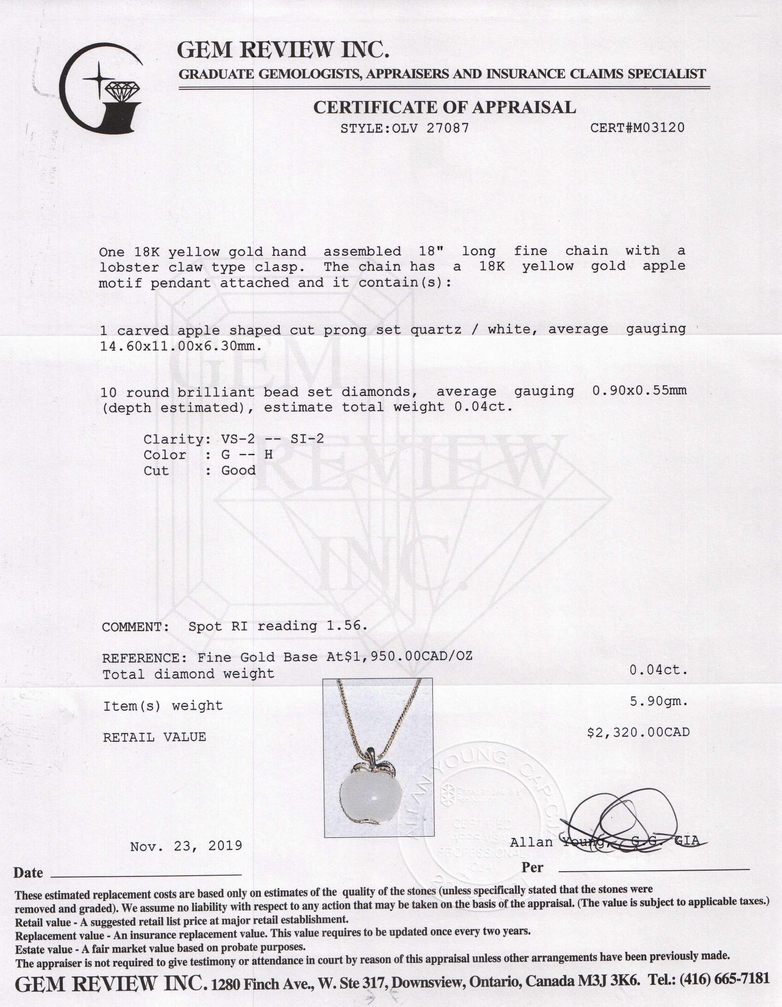 Carved White Quartz & Diamond Apple Pendant Necklace