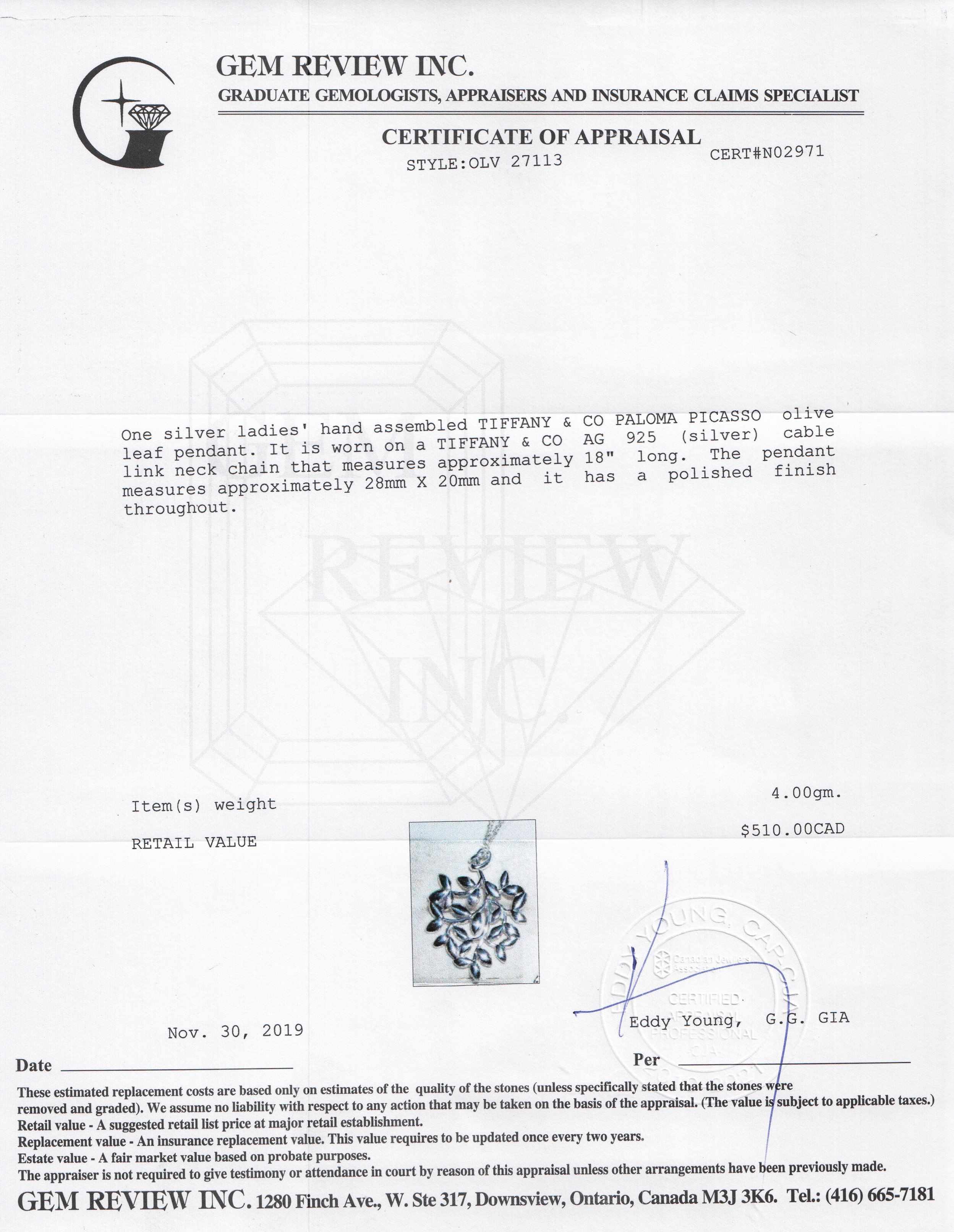 Tiffany & Co. Paloma Picasso Olive Leaf Pendant Necklace