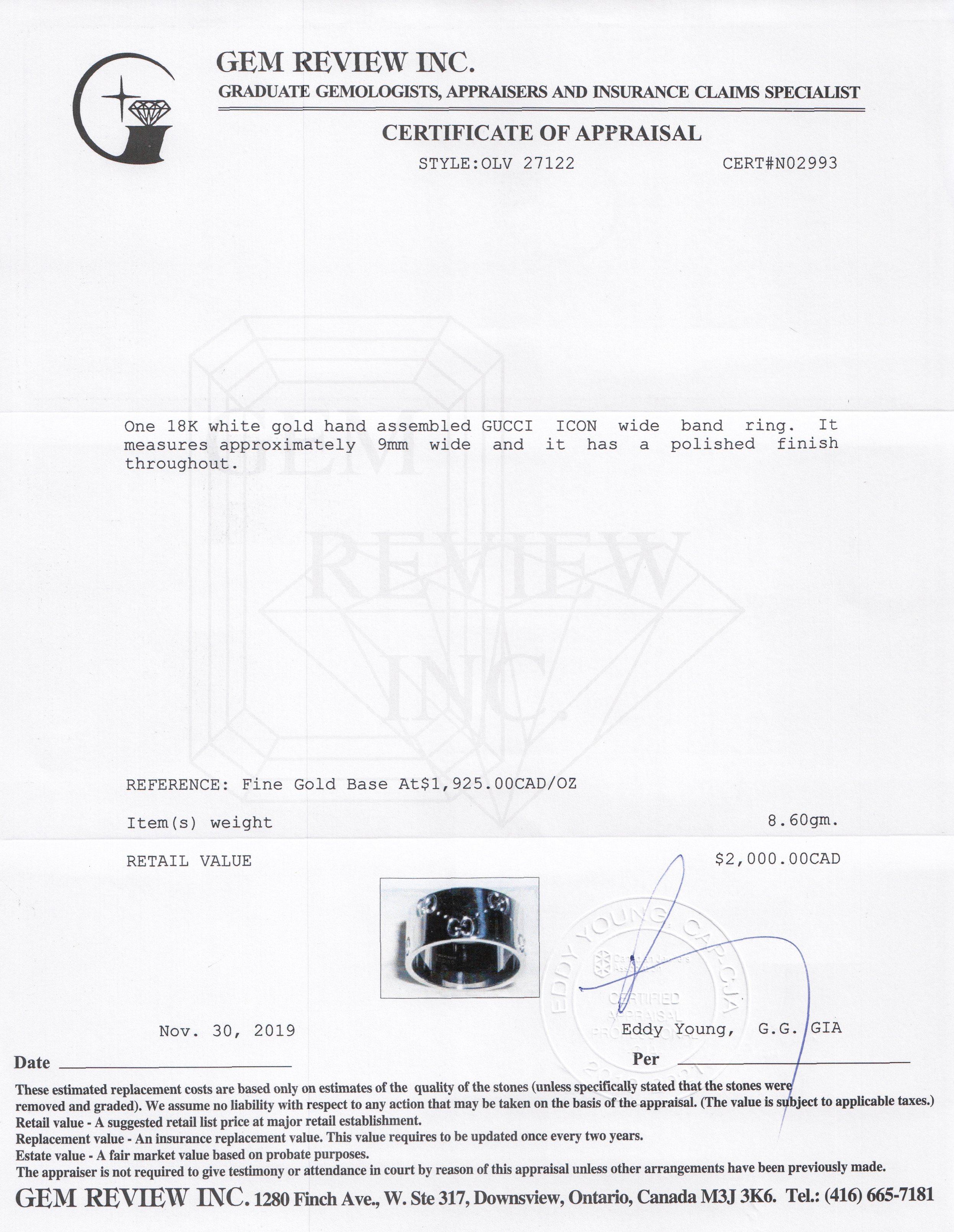 Gucci 18k White Gold Icon Wide Band Ring