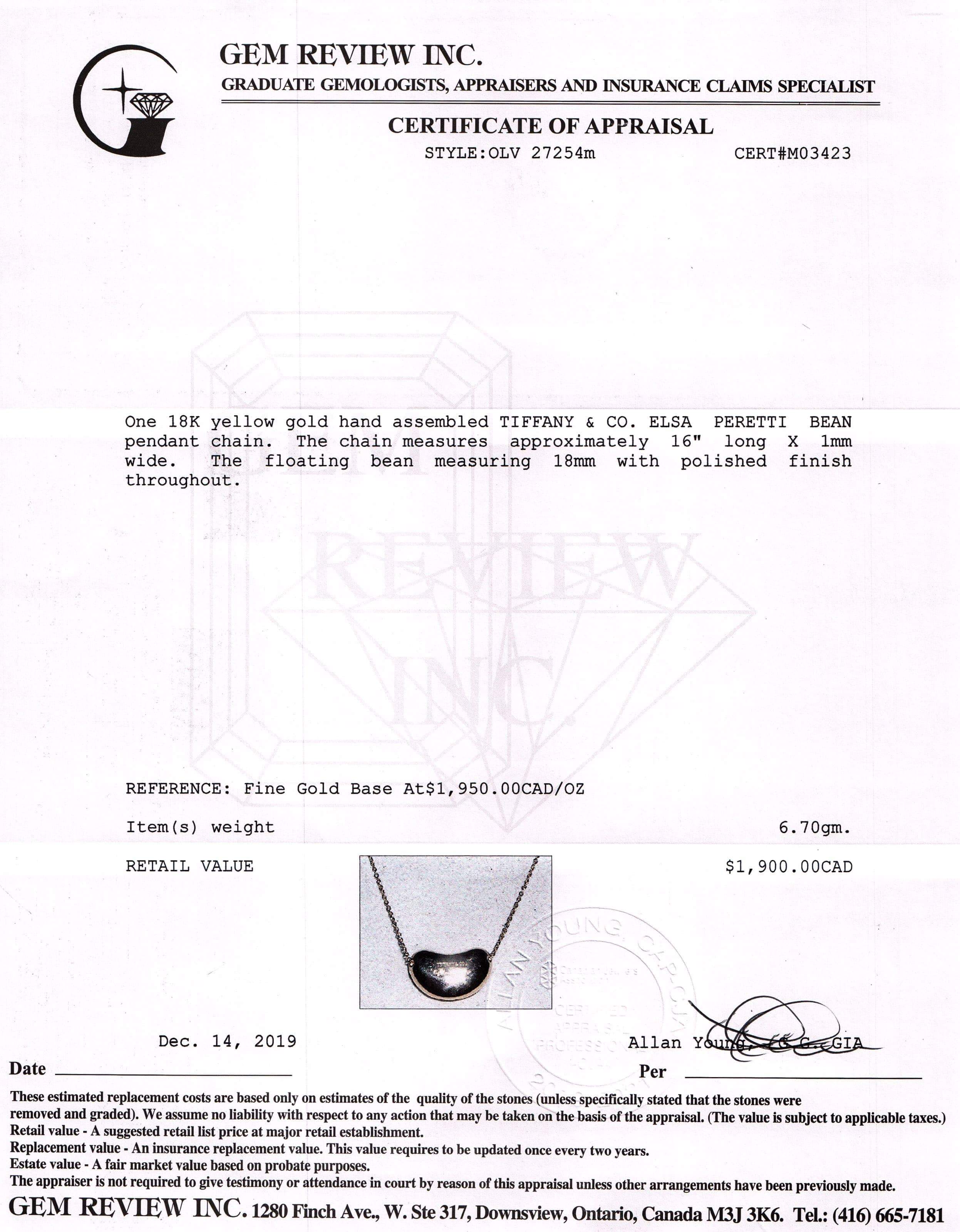 Tiffany & Co. Elsa Peretti 18k Gold Bean Pendant Necklace