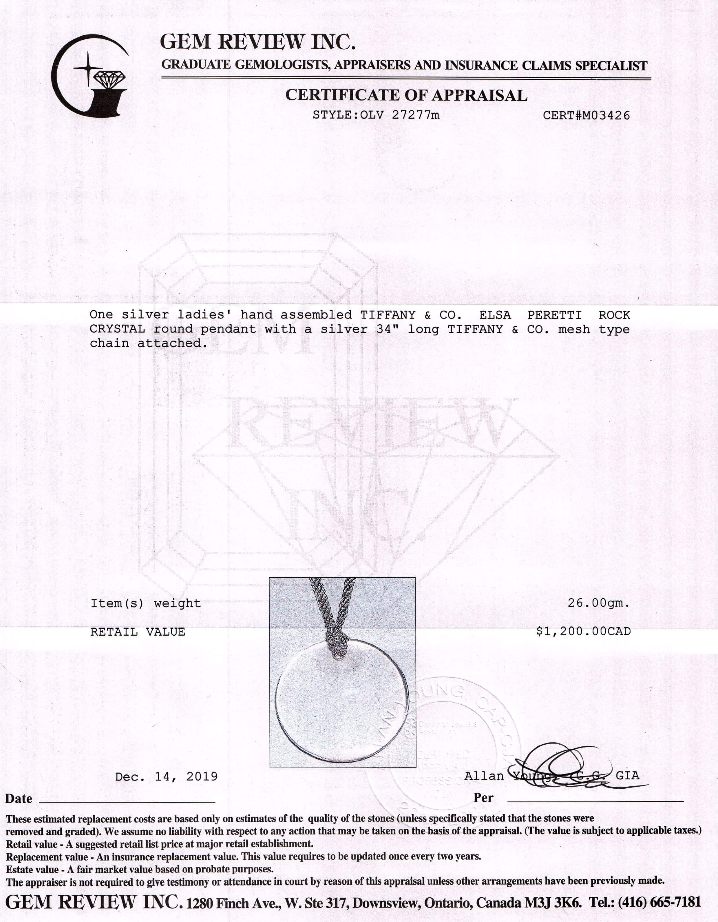 Tiffany & Co. Elsa Peretti Rock Crystal Round Pendant Necklace