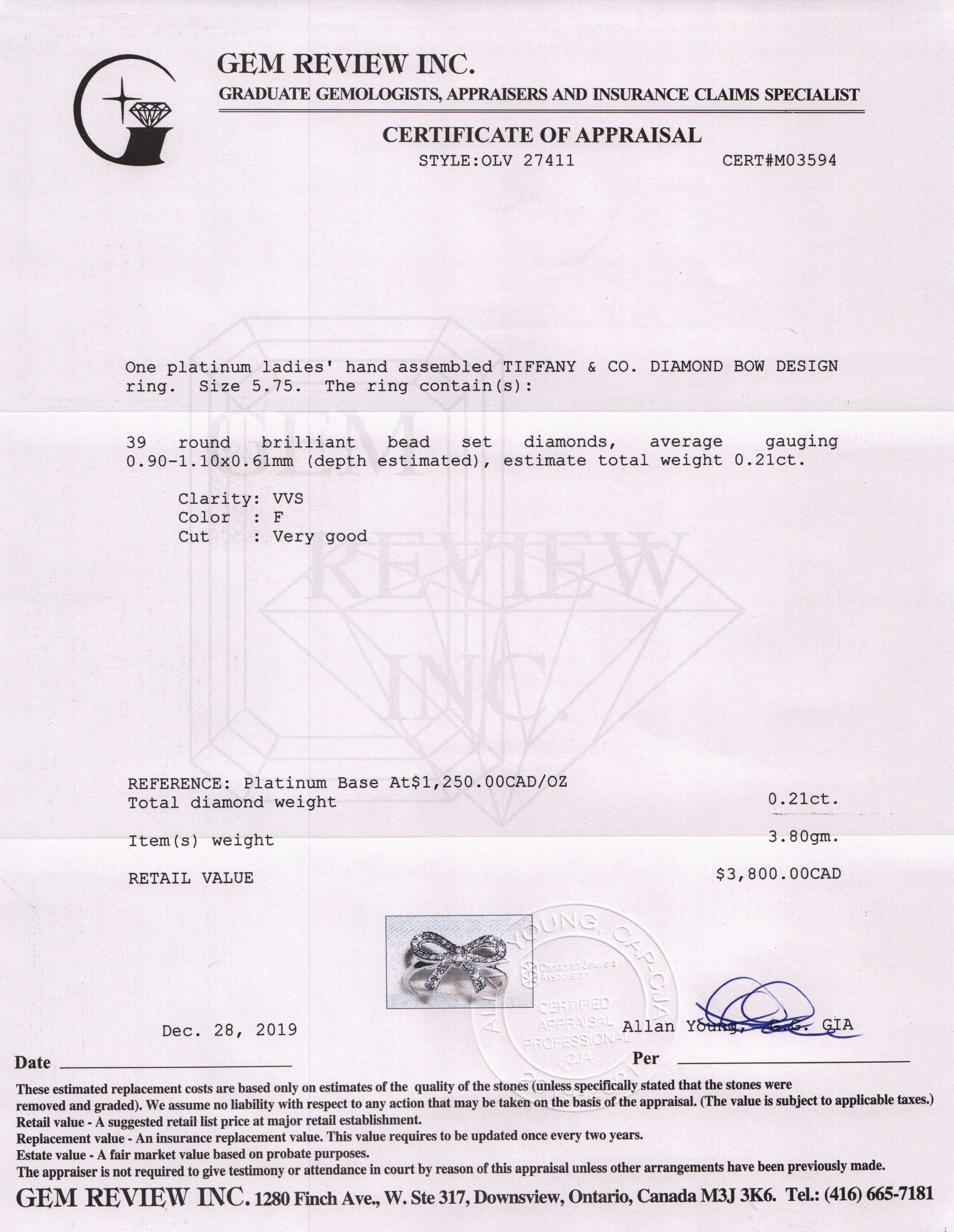 Tiffany & Co. Platinum & Diamond Bow Ring w/ Box