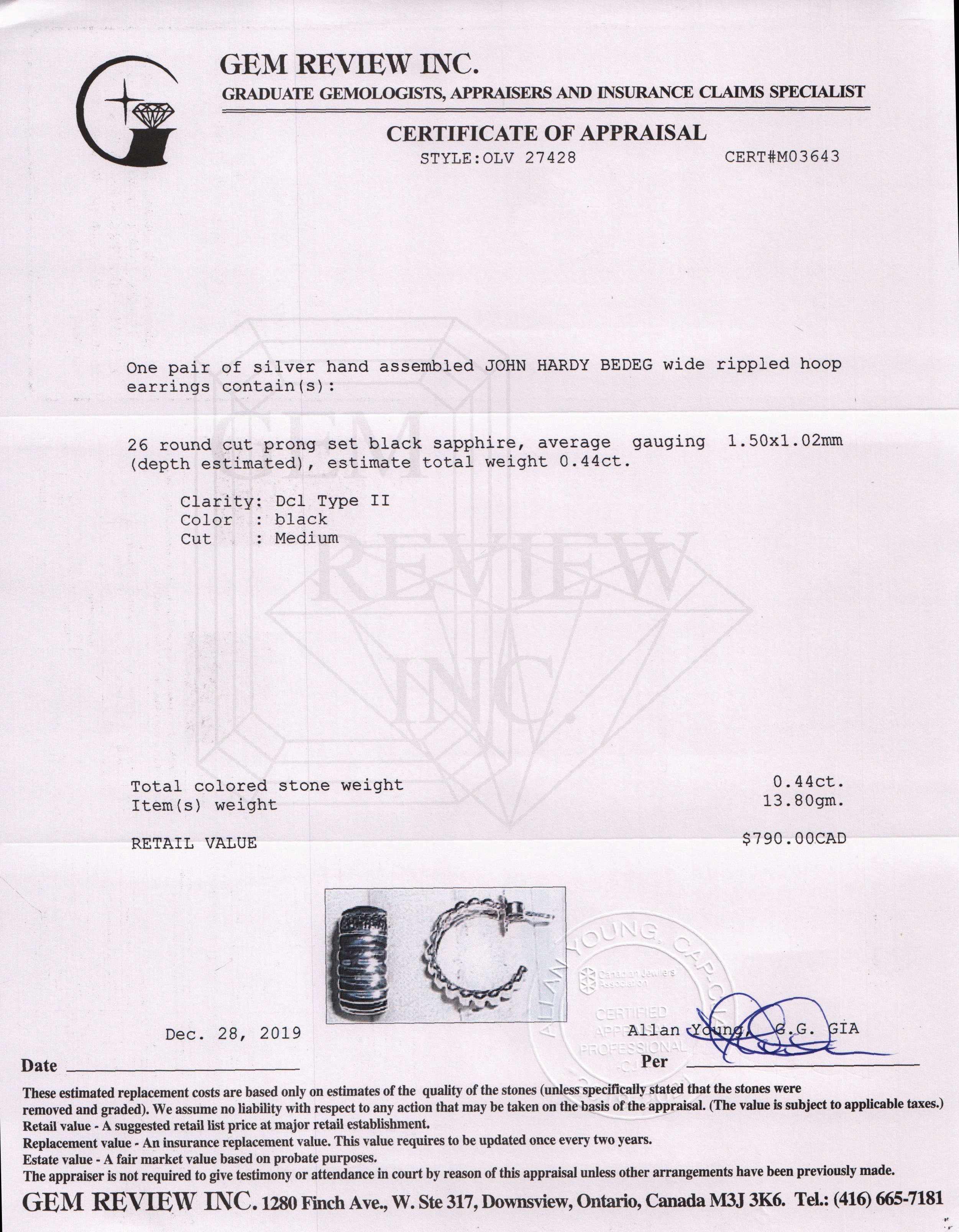 John Hardy Bedeg Wide Rippled Hoop Earrings with Black Sapphires