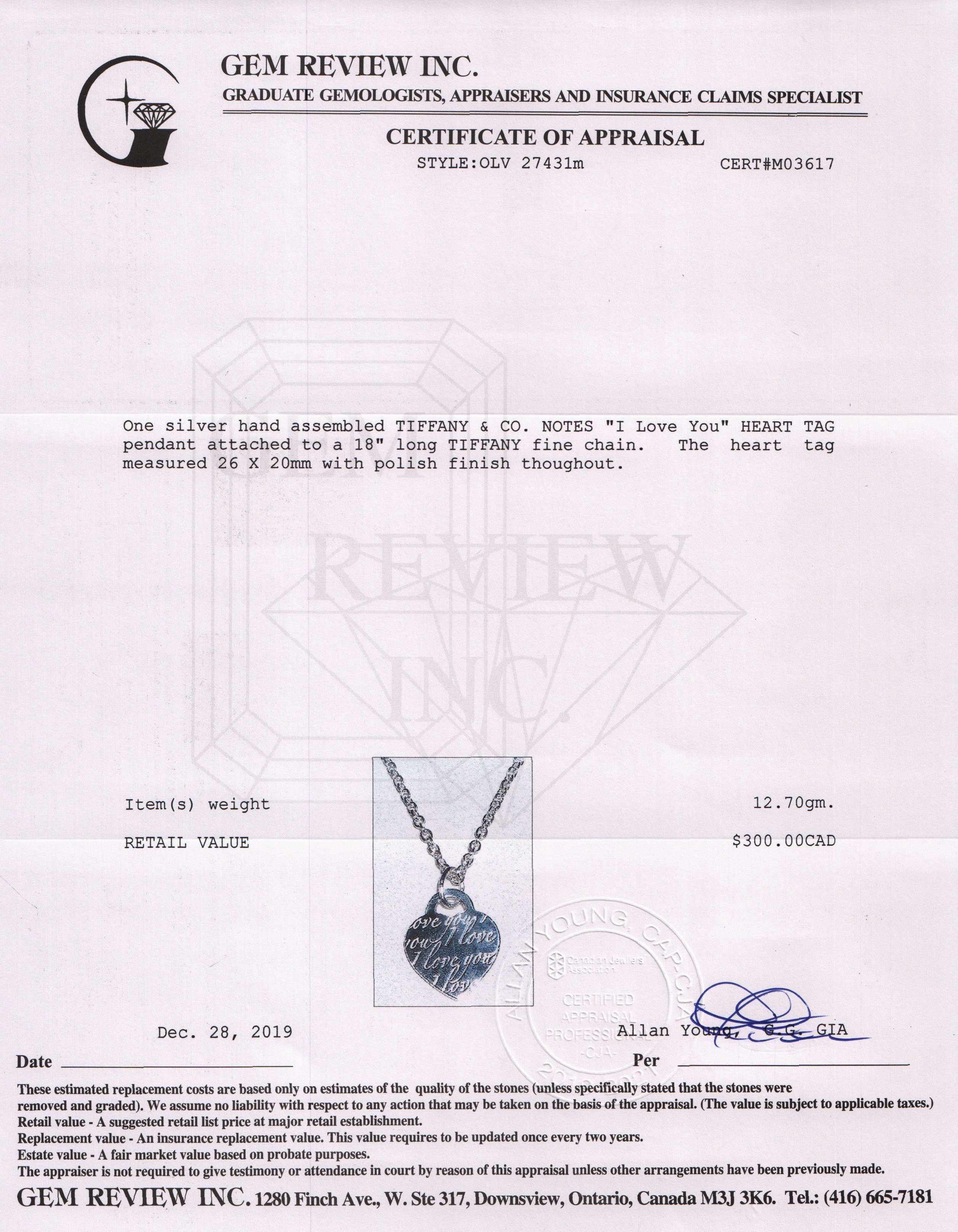 Tiffany & Co. Notes "I Love You" Heart Tag Pendant Necklace