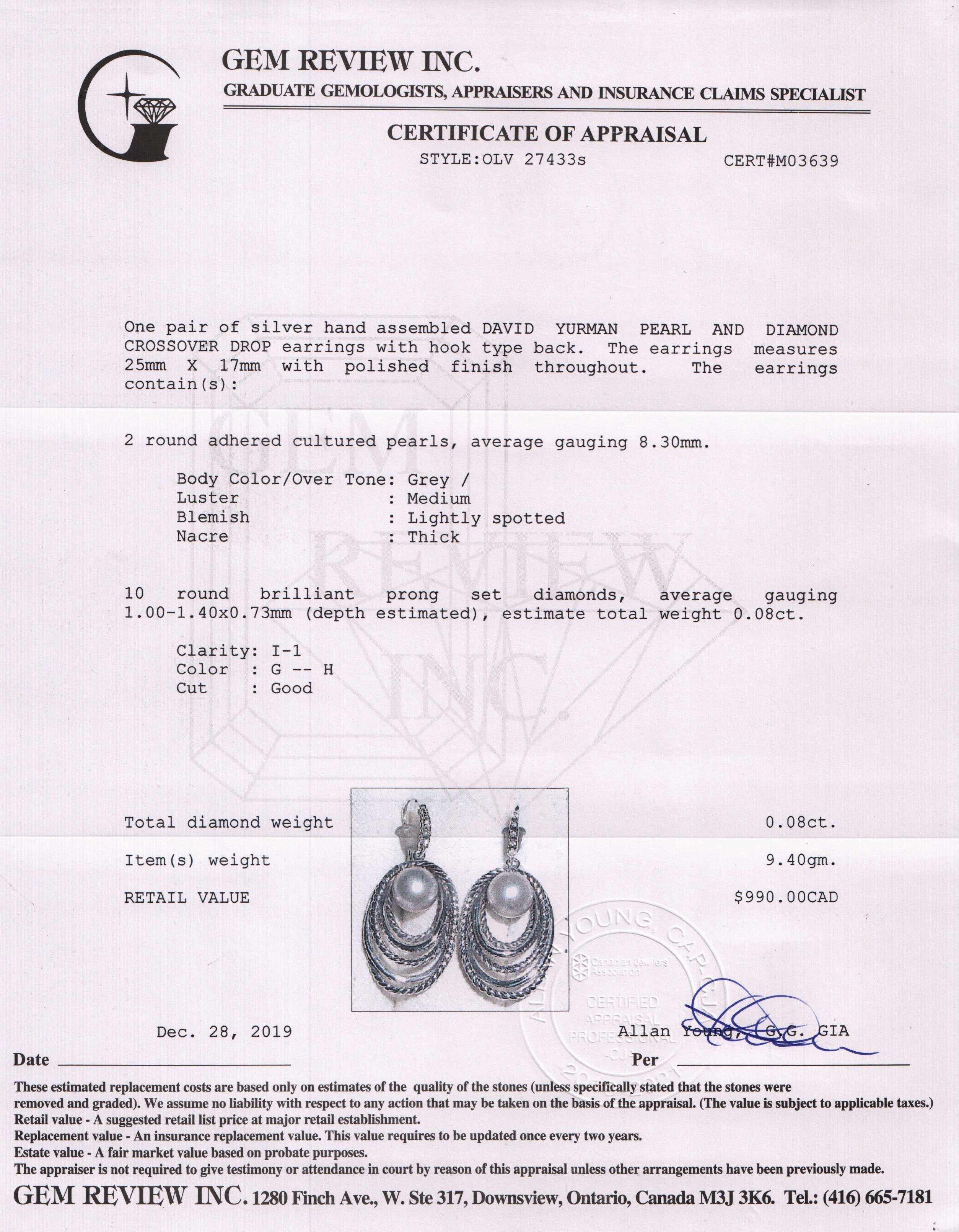 David Yurman Pearl & Diamond Crossover Hoop Earrings