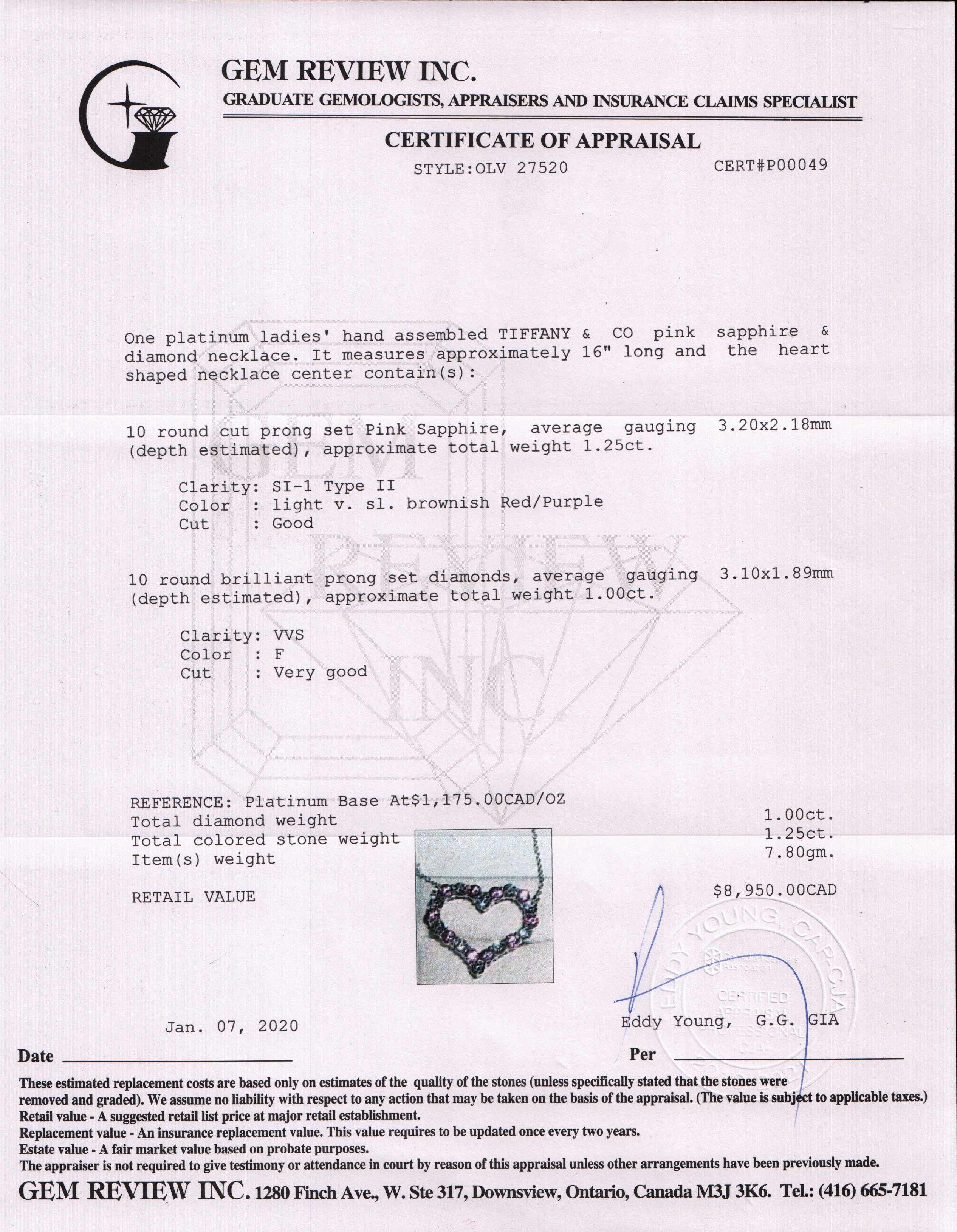 Tiffany & Co. Platinum Pink Sapphire & Diamond Large Heart Pendant Necklace