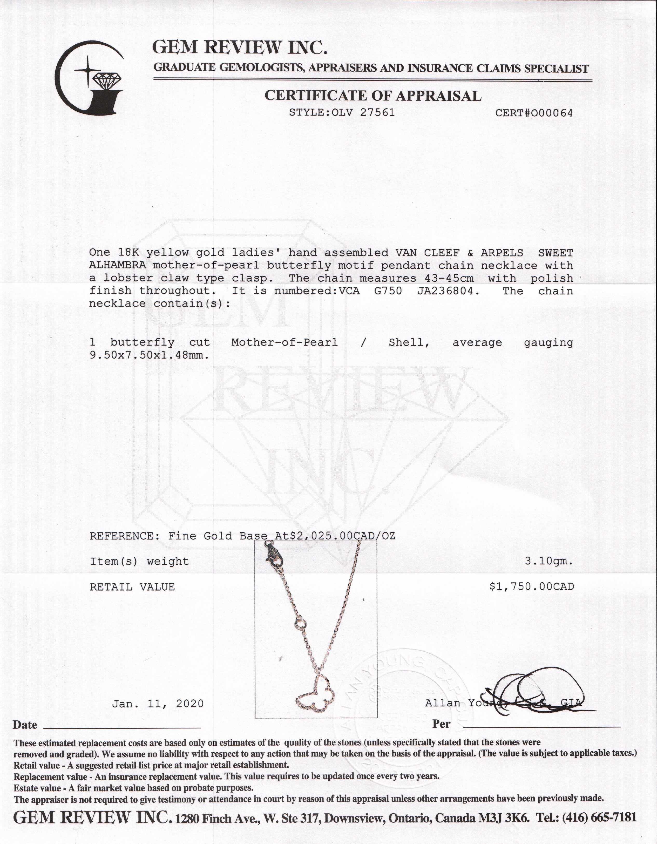 Van Cleef & Arpels Sweet Alhambra Mother of Pearl Butterfly Pendant Necklace