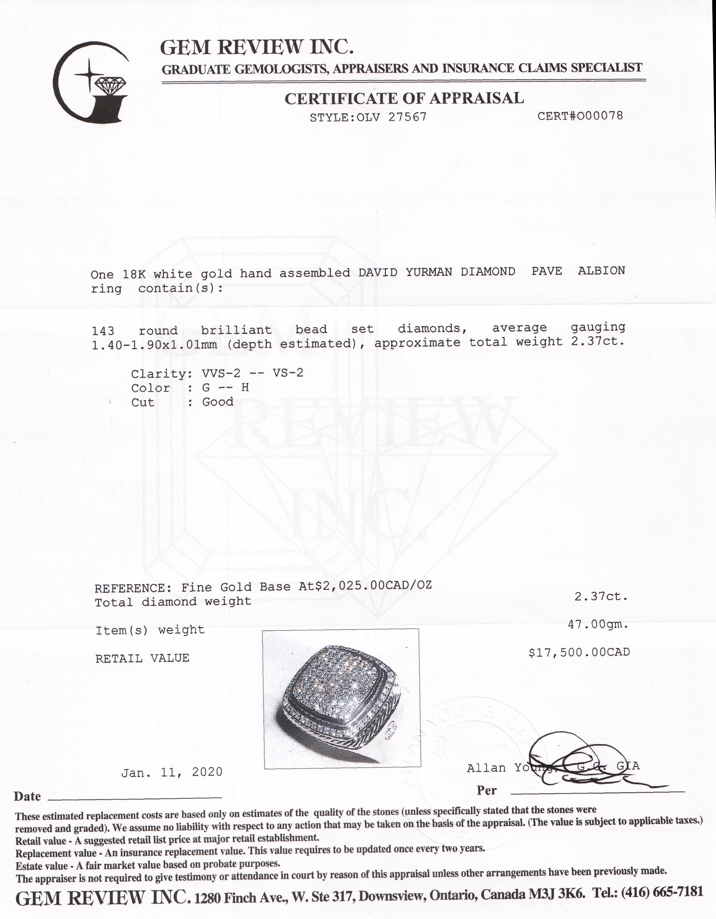 David Yurman 18k White Gold Pave Diamond Albion Ring