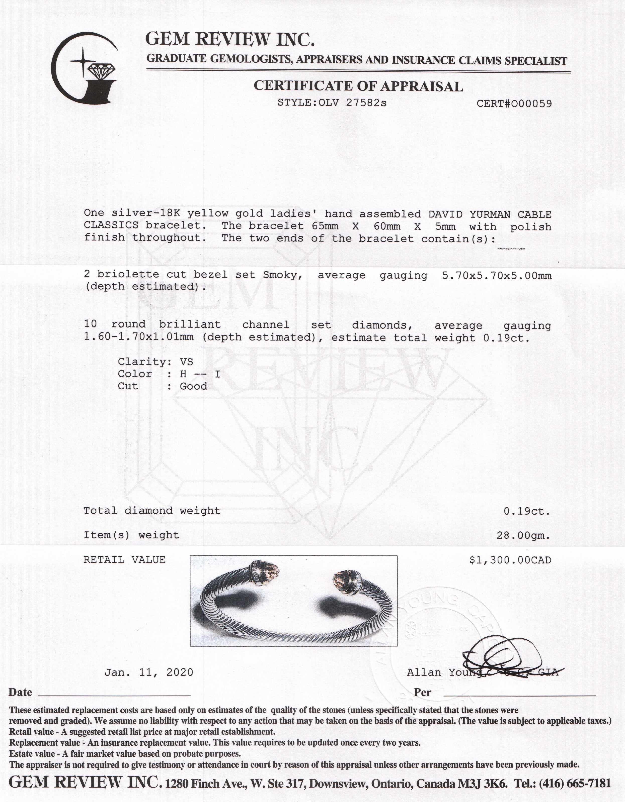 David Yurman Two-Tone Cable Classics Bracelet with Smoky Quartz & Diamonds