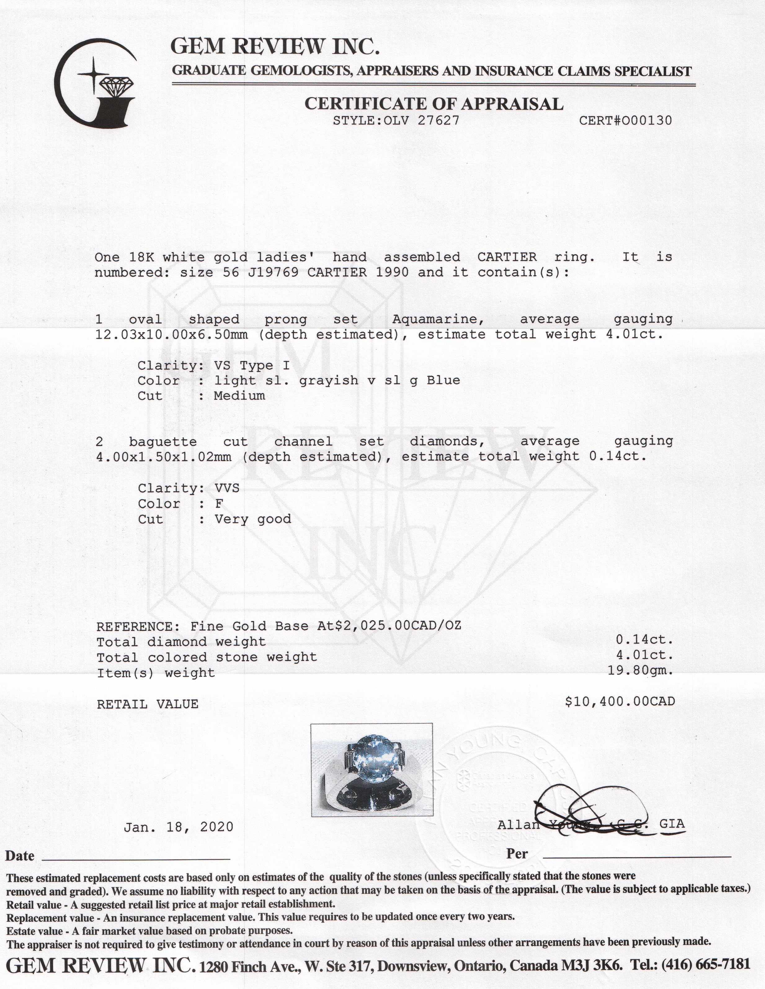 Cartier 18k White Gold Aquamarine & Diamond Ring