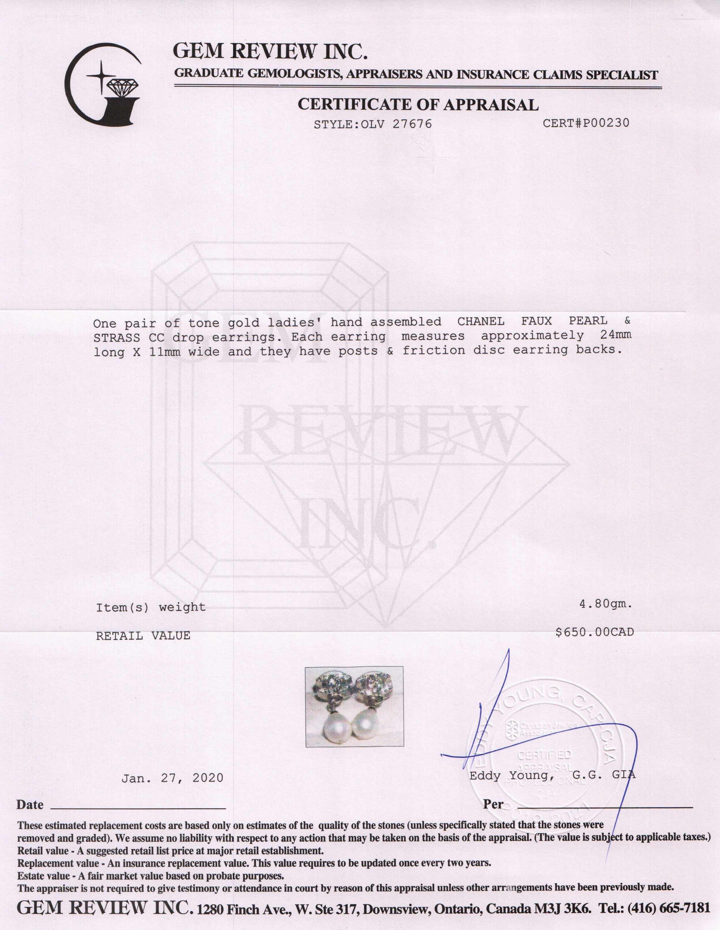 Chanel Faux Pearl & Strass CC Drop Earrings