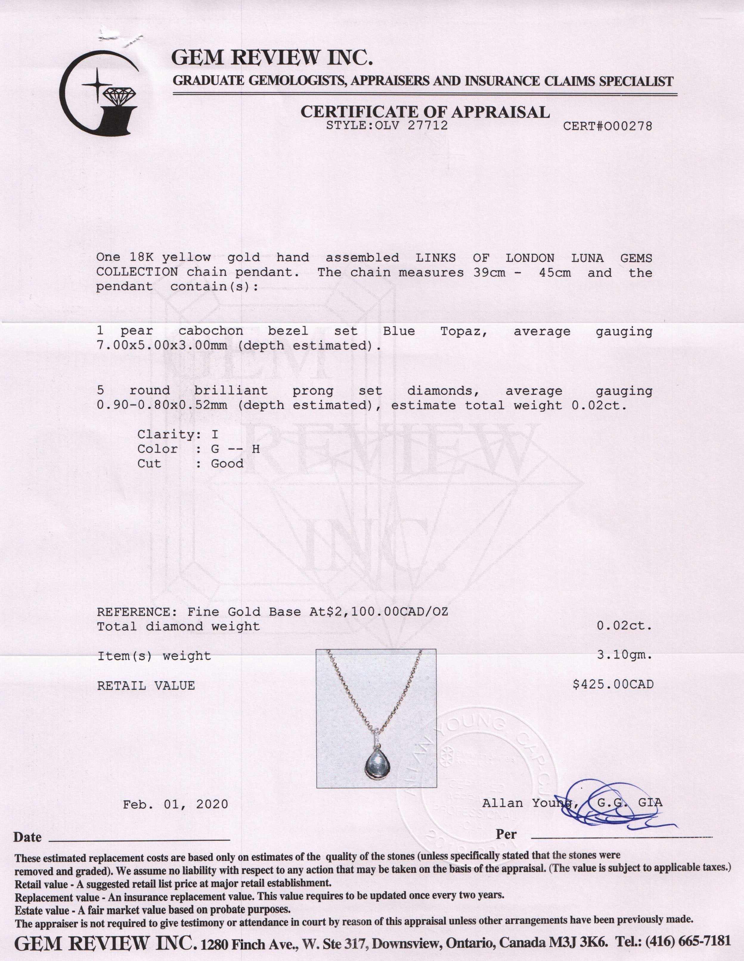 Links of London Luna Gems 18k Gold Blue Topaz & Diamond Pendant Necklace