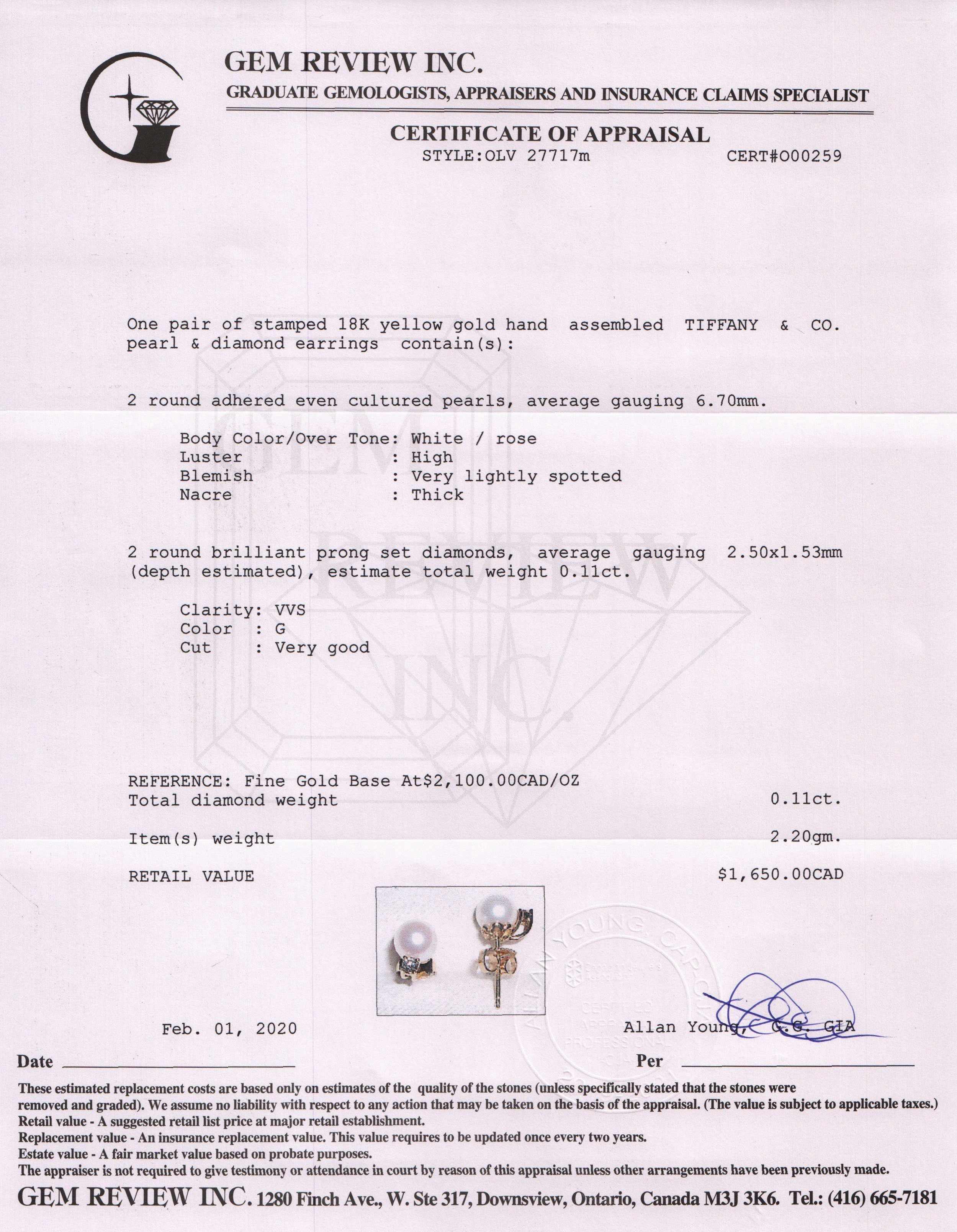 Tiffany & Co. 18k Gold Pearl & Diamond Stud Earrings