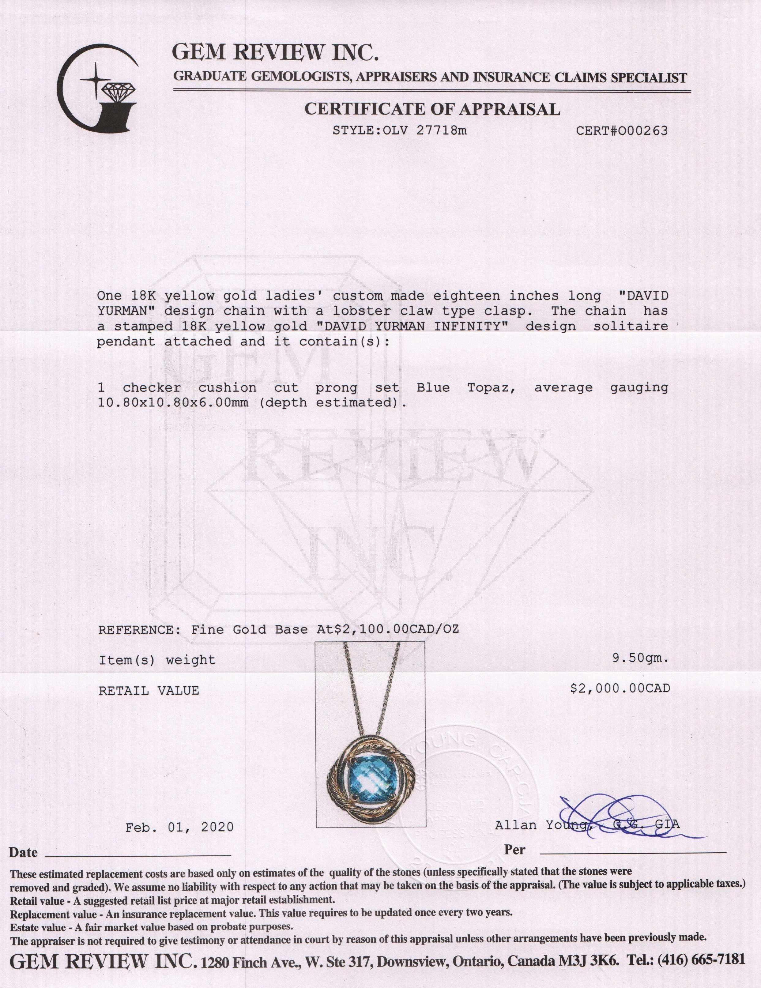 David Yurman 18k Gold Blue Topaz Infinity Pendant Necklace