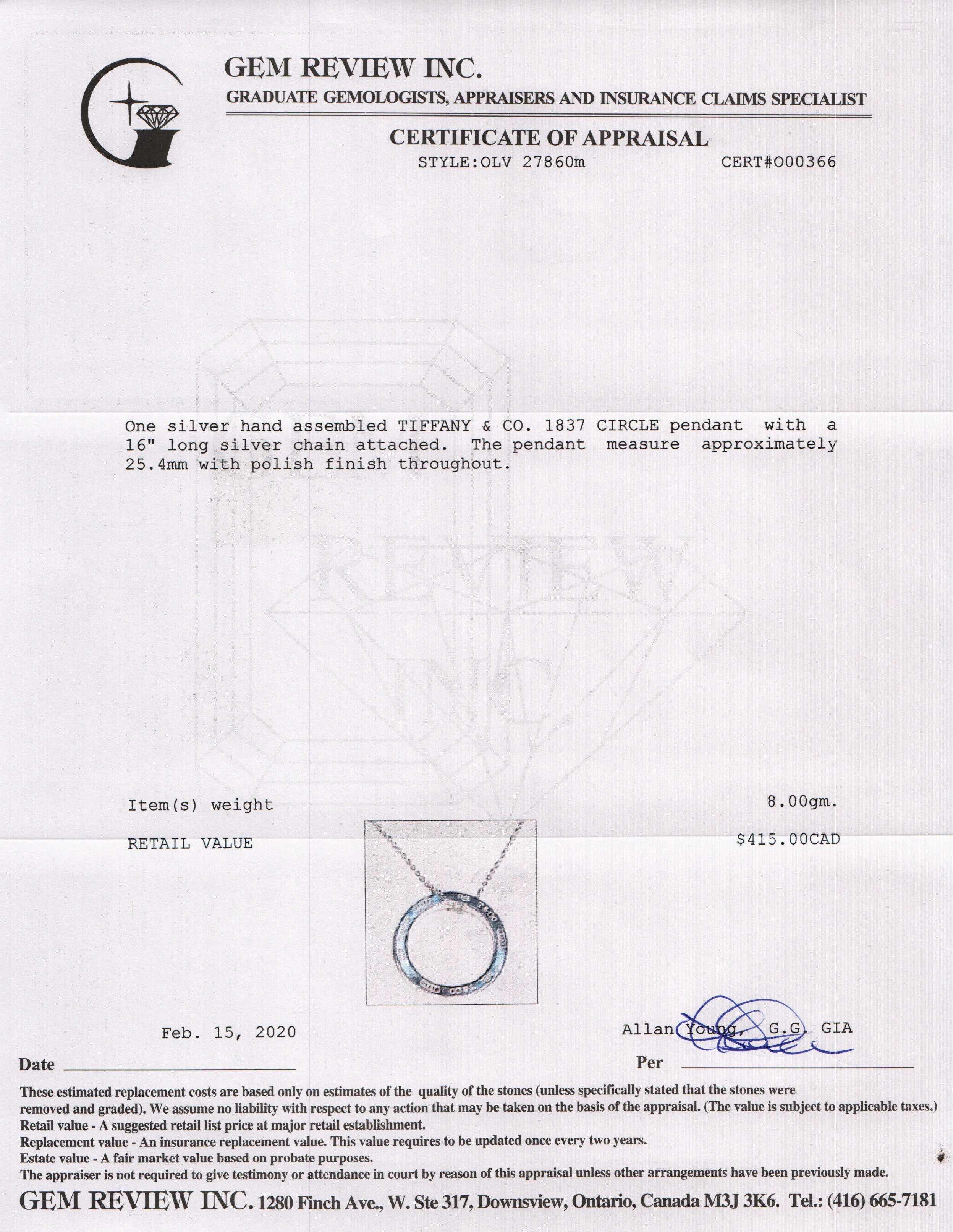Tiffany & Co. Large 1837 Circle Pendant Necklace