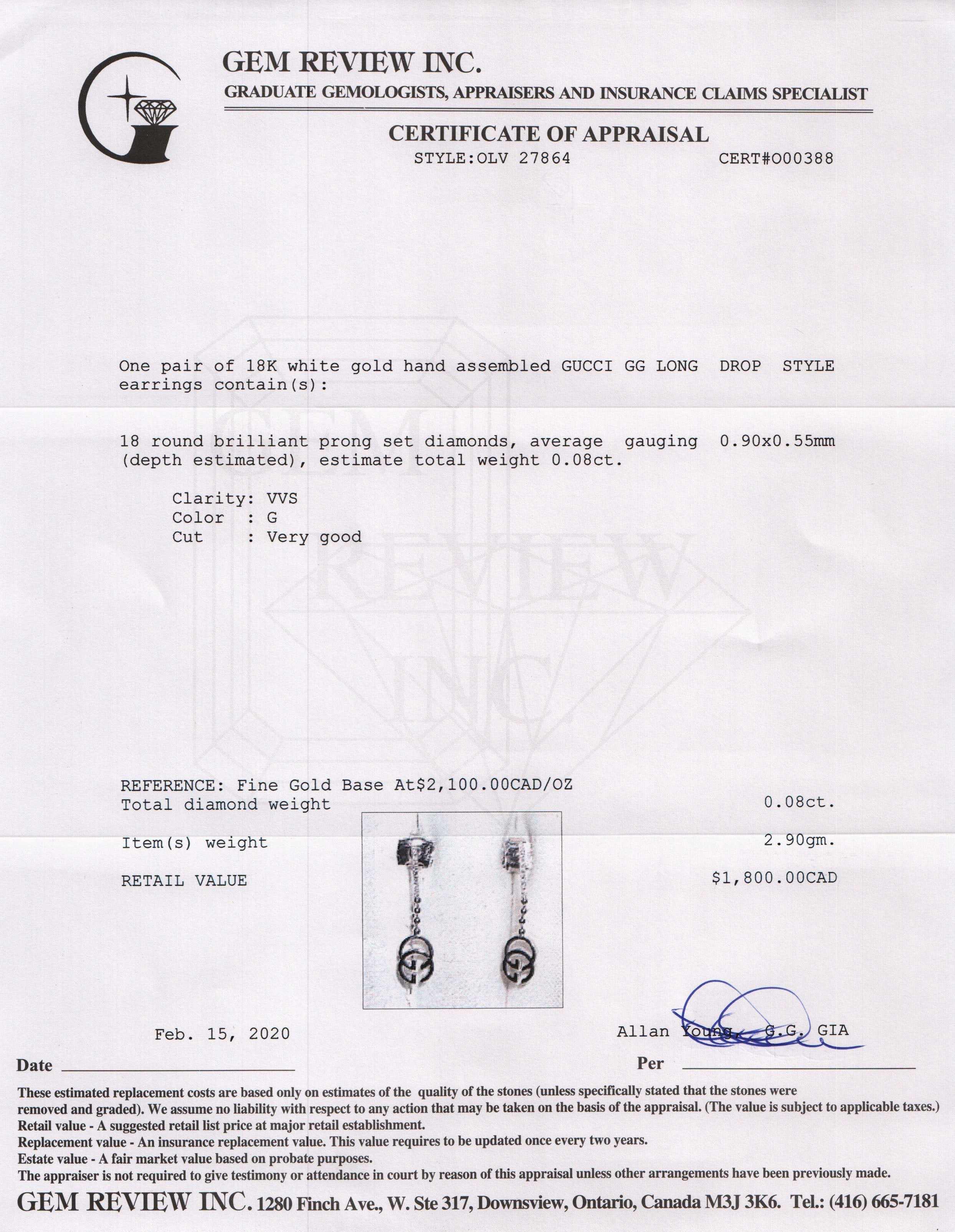 Gucci 18k White Gold & Diamond GG Drop Earrings