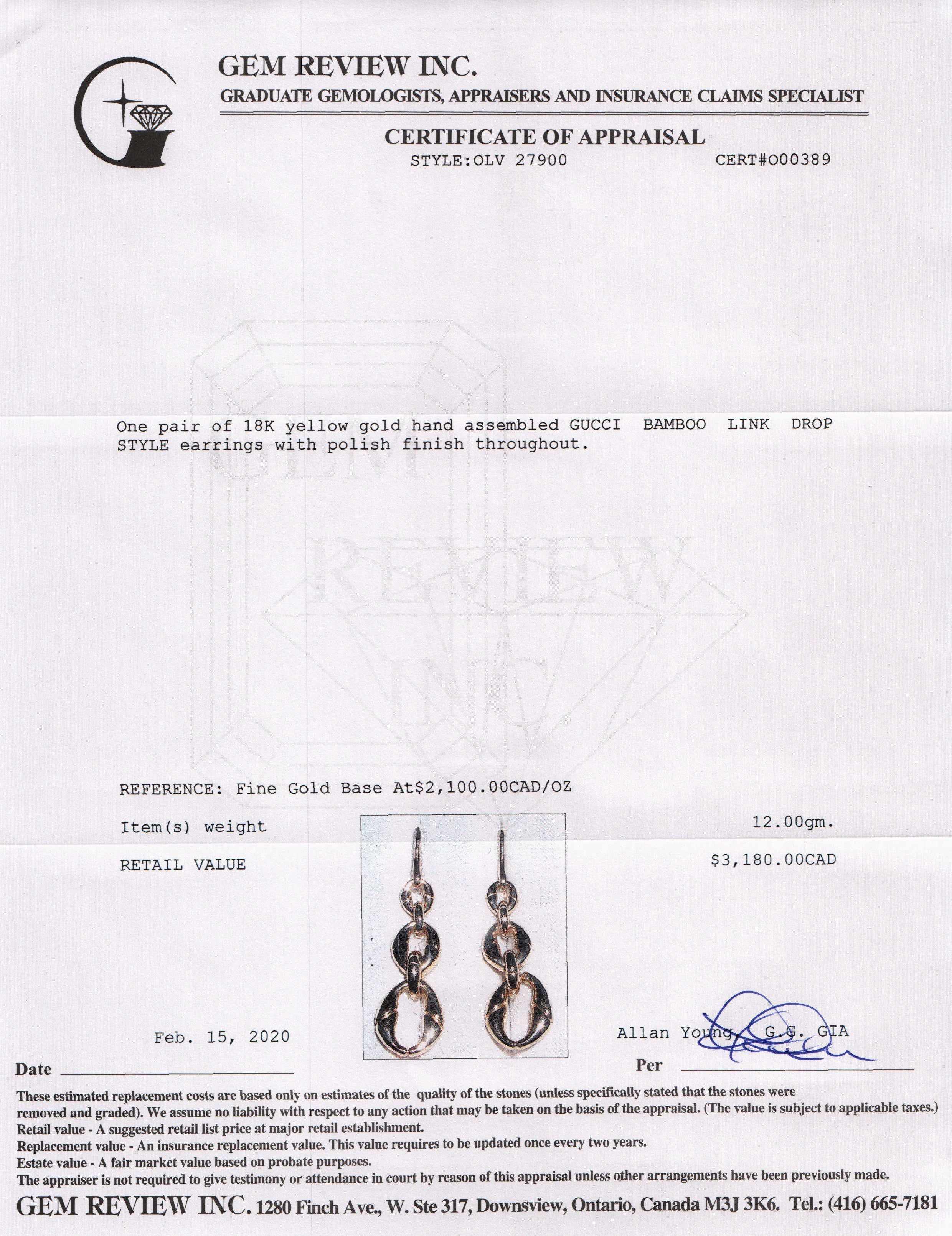 Gucci 18k Yellow Gold Bamboo Link Drop Earrings